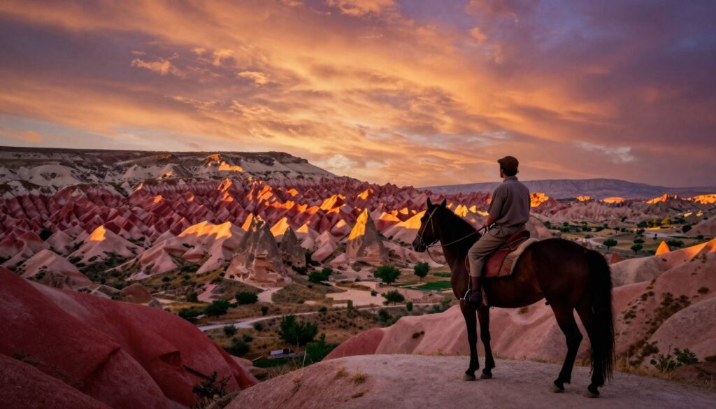 A breathtaking view of the iconic Red, Rose, and Meskender Valleys in Cappadocia during sunset, showcasing the vibrant hues of red and pink cliffs bathed in warm golden light. In the foreground, a silhouette of a majestic horse stands with its rider, dressed in modest outdoor attire, gazing out over the valleys. The middle ground features undulating valley terrain with unique rock formations and scattered greenery. The background reveals a dramatic sky filled with swirling clouds, transitioning from deep orange to purple, enhancing the serene atmosphere. The image is captured in a cinematic style with highly detailed textures and 8k resolution, conveying a sense of adventure and tranquility. A breathtaking view of the iconic Red, Rose, and Meskender Valleys in Cappadocia during sunset, showcasing the vibrant hues of red and pink cliffs bathed in warm golden light. In the foreground, a silhouette of a majestic horse stands with its rider, dressed in modest outdoor attire, gazing out over the valleys. The middle ground features undulating valley terrain with unique rock formations and scattered greenery. The background reveals a dramatic sky filled with swirling clouds, transitioning from deep orange to purple, enhancing the serene atmosphere. The image is captured in a cinematic style with highly detailed textures and 8k resolution, conveying a sense of adventure and tranquility.