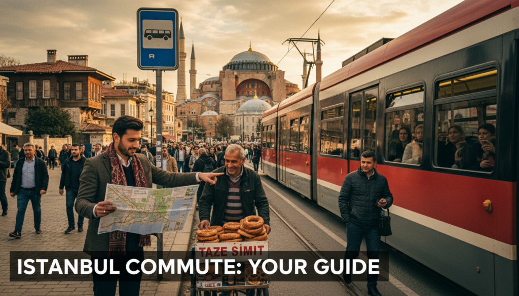 A bustling Istanbul street scene showcasing public transportation tips. In the foreground, a well-dressed local holding a transit map, pointing toward the bus stop while a friendly vendor sells simit nearby. In the middle, a modern tram glides smoothly along the tracks, with diverse passengers enjoying their ride. In the background, iconic landmarks like the Hagia Sophia are visible, bathed in warm, golden hour sunlight. The atmosphere is lively, capturing the essence of daily commuting in Istanbul. The image is styled like a raw photograph with cinematic lighting and highly detailed textures, rendered in 8k resolution to emphasize the vibrant colors and intricate details of the city life. A bustling Istanbul street scene showcasing public transportation tips. In the foreground, a well-dressed local holding a transit map, pointing toward the bus stop while a friendly vendor sells simit nearby. In the middle, a modern tram glides smoothly along the tracks, with diverse passengers enjoying their ride. In the background, iconic landmarks like the Hagia Sophia are visible, bathed in warm, golden hour sunlight. The atmosphere is lively, capturing the essence of daily commuting in Istanbul. The image is styled like a raw photograph with cinematic lighting and highly detailed textures, rendered in 8k resolution to emphasize the vibrant colors and intricate details of the city life.