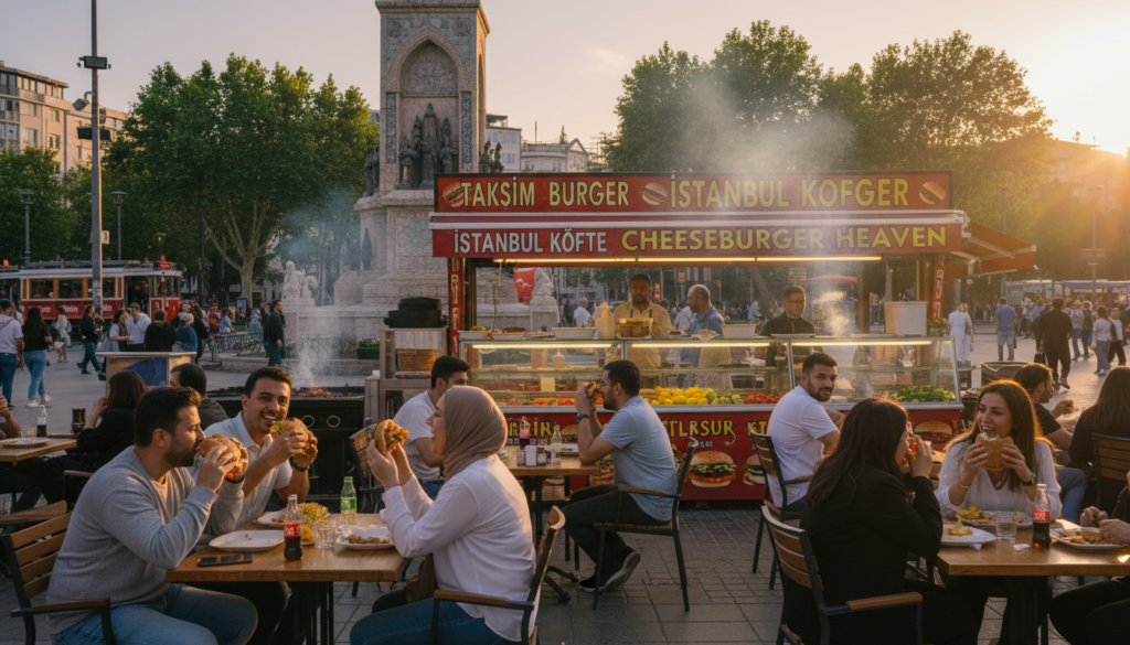 A bustling scene of Taksim Square in Istanbul, showcasing a vibrant atmosphere as travelers enjoy the local burger hotspots. In the foreground, a diverse group of people in modest casual clothing happily savoring gourmet burgers at outdoor seating, with smiles and laughter. The middle ground features food stalls adorned with colorful signage and tempting burger displays. The background captures the iconic Republic Monument, surrounded by lush greenery and the glow of sunset lighting, casting warm, cinematic tones over the entire scene. High-resolution details highlight the textures of the burgers, the clothing of the diners, and the architectural elements of the square. The mood is lively and inviting, ideal for food lovers exploring an urban culinary gem. 8k resolution for exceptional clarity. A bustling scene of Taksim Square in Istanbul, showcasing a vibrant atmosphere as travelers enjoy the local burger hotspots. In the foreground, a diverse group of people in modest casual clothing happily savoring gourmet burgers at outdoor seating, with smiles and laughter. The middle ground features food stalls adorned with colorful signage and tempting burger displays. The background captures the iconic Republic Monument, surrounded by lush greenery and the glow of sunset lighting, casting warm, cinematic tones over the entire scene. High-resolution details highlight the textures of the burgers, the clothing of the diners, and the architectural elements of the square. The mood is lively and inviting, ideal for food lovers exploring an urban culinary gem. 8k resolution for exceptional clarity.