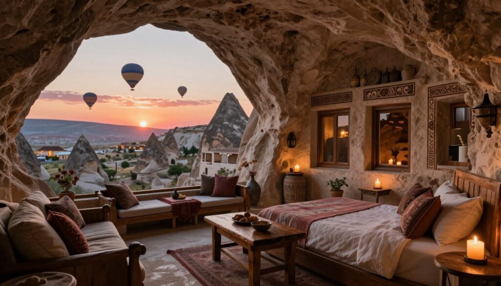 A captivating scene of a luxurious cave hotel in Cappadocia, nestled among unique rock formations. In the foreground, a tastefully decorated room features rustic wooden furniture, soft, inviting textiles, and atmospheric candlelight casting gentle shadows. The middle ground showcases the cave's natural stone walls, intricately carved with traditional patterns, and large windows that reveal breathtaking views of the fairy chimneys outside. In the background, the sun sets, illuminating the sky in warm hues of orange and pink, while hot air balloons float serenely above. The image has a raw, photographic quality, enhanced by cinematic lighting that highlights the textures of the stone and materials. This highly detailed scene is captured in 8k resolution, evoking a serene and enchanting atmosphere of adventure and comfort. A captivating scene of a luxurious cave hotel in Cappadocia, nestled among unique rock formations. In the foreground, a tastefully decorated room features rustic wooden furniture, soft, inviting textiles, and atmospheric candlelight casting gentle shadows. The middle ground showcases the cave's natural stone walls, intricately carved with traditional patterns, and large windows that reveal breathtaking views of the fairy chimneys outside. In the background, the sun sets, illuminating the sky in warm hues of orange and pink, while hot air balloons float serenely above. The image has a raw, photographic quality, enhanced by cinematic lighting that highlights the textures of the stone and materials. This highly detailed scene is captured in 8k resolution, evoking a serene and enchanting atmosphere of adventure and comfort.