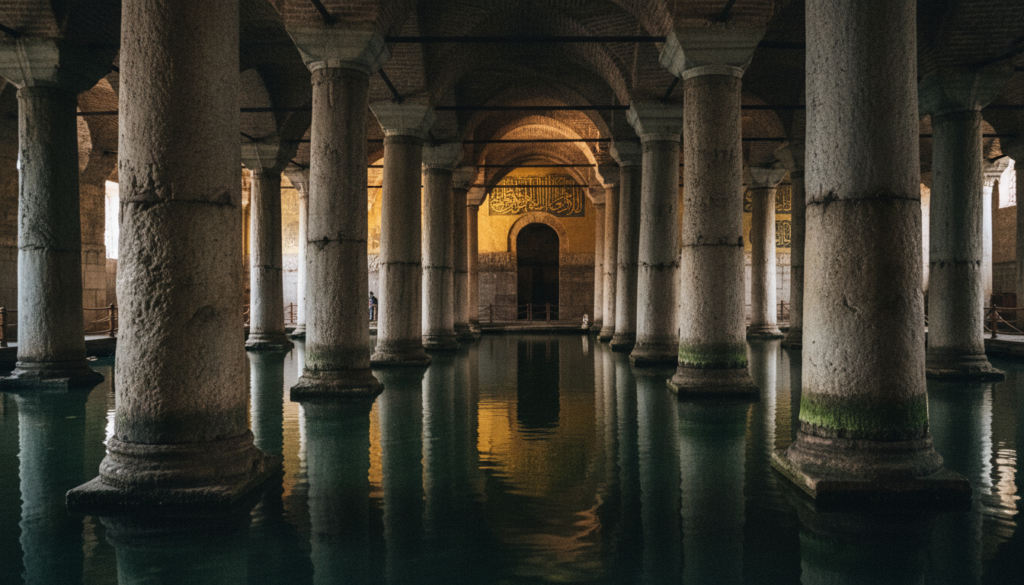 A captivating view of the Basilica Cistern, an ancient underground water reservoir in Istanbul. In the foreground, intricately carved marble columns rise from the dark, reflective water, their surfaces adorned with historical details and moss. The middle ground showcases a serene expanse of water, reflecting the ambient light that filters through the vaulted ceiling. Dim, cinematic lighting creates an enchanting atmosphere, casting soft shadows and highlighting the rich textures of the stone and water. The background features the architectural elegance of arches, with occasional glimpses of ornate mosaics illuminated by subtle illumination. The overall mood is mysterious and tranquil, inviting viewers to explore this hidden gem of Istanbul. Captured in stunning 8K resolution for highly detailed textures, enhancing the authenticity of this historic site. A captivating view of the Basilica Cistern, an ancient underground water reservoir in Istanbul. In the foreground, intricately carved marble columns rise from the dark, reflective water, their surfaces adorned with historical details and moss. The middle ground showcases a serene expanse of water, reflecting the ambient light that filters through the vaulted ceiling. Dim, cinematic lighting creates an enchanting atmosphere, casting soft shadows and highlighting the rich textures of the stone and water. The background features the architectural elegance of arches, with occasional glimpses of ornate mosaics illuminated by subtle illumination. The overall mood is mysterious and tranquil, inviting viewers to explore this hidden gem of Istanbul. Captured in stunning 8K resolution for highly detailed textures, enhancing the authenticity of this historic site.