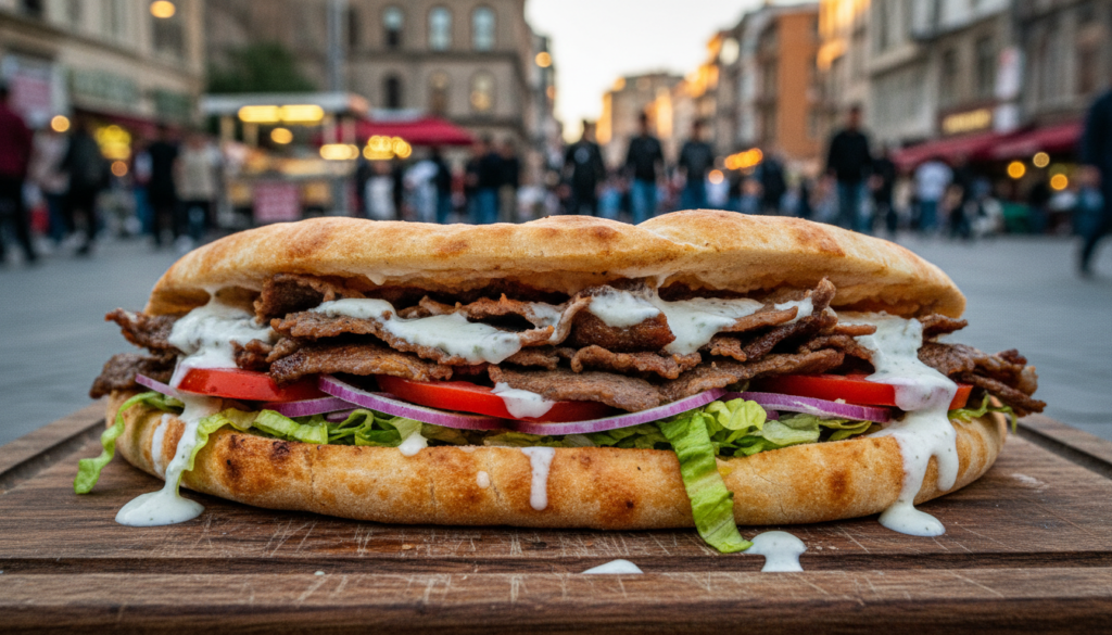 A close-up of a freshly made doner kebab, presented on a traditional wooden board, with vibrant colors and appetizing textures. In the foreground, the doner kebab is filled with fragrant slices of marinated meat, lettuce, tomato, onion, and drizzled with creamy garlic sauce, glistening under soft, warm cinematic lighting. The background features a bustling street in Taksim, Istanbul, with blurred silhouettes of vendors and pedestrians, creating a lively atmosphere that suggests the excitement of street food culture. The image showcases intricate details like the crispiness of the pita bread and the juiciness of the meat, all in stunning 8k resolution, inviting viewers to crave this delicious culinary experience. A close-up of a freshly made doner kebab, presented on a traditional wooden board, with vibrant colors and appetizing textures. In the foreground, the doner kebab is filled with fragrant slices of marinated meat, lettuce, tomato, onion, and drizzled with creamy garlic sauce, glistening under soft, warm cinematic lighting. The background features a bustling street in Taksim, Istanbul, with blurred silhouettes of vendors and pedestrians, creating a lively atmosphere that suggests the excitement of street food culture. The image showcases intricate details like the crispiness of the pita bread and the juiciness of the meat, all in stunning 8k resolution, inviting viewers to crave this delicious culinary experience.