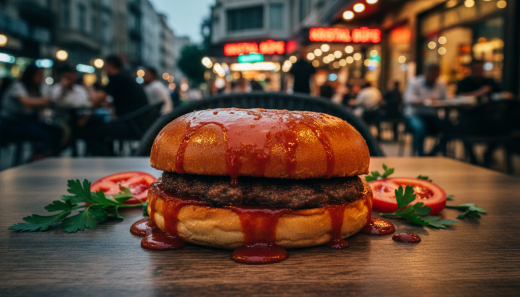 A close-up shot of a delicious islak hamburger, showcasing its glossy bun, tender meat patty, and rich sauce dripping down the sides. The burger is placed on a rustic wooden table, surrounded by garnishes like fresh herbs and sliced tomatoes, highlighting its street food charm. In the background, the bustling streets of Taksim, Istanbul, are softly blurred, with people enjoying their meals in the warm evening light, creating a lively atmosphere. The scene is captured with cinematic lighting, emphasizing the textures of the burger, and showcasing vibrant colors in 8k resolution. The overall mood is inviting and nostalgic, encapsulating the essence of a famous local eatery, Kristal Büfe. A close-up shot of a delicious islak hamburger, showcasing its glossy bun, tender meat patty, and rich sauce dripping down the sides. The burger is placed on a rustic wooden table, surrounded by garnishes like fresh herbs and sliced tomatoes, highlighting its street food charm. In the background, the bustling streets of Taksim, Istanbul, are softly blurred, with people enjoying their meals in the warm evening light, creating a lively atmosphere. The scene is captured with cinematic lighting, emphasizing the textures of the burger, and showcasing vibrant colors in 8k resolution. The overall mood is inviting and nostalgic, encapsulating the essence of a famous local eatery, Kristal Büfe.