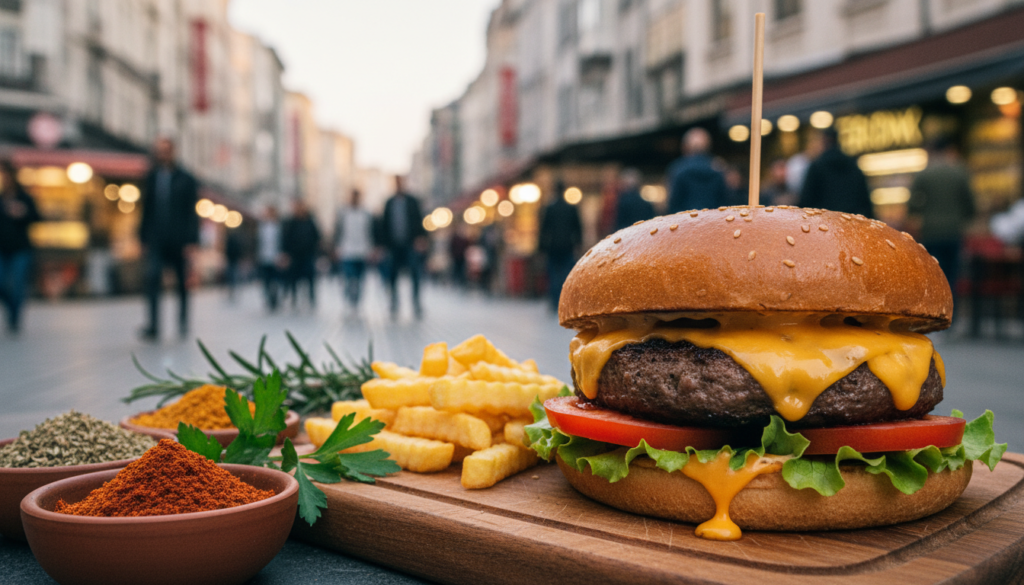 A close-up shot of a juicy, perfectly grilled burger, garnished with fresh lettuce, ripe tomatoes, and melted cheese oozing from the sides, presented on a rustic wooden table. In the foreground, the burger is the main focus, with a side of crispy, golden fries. In the middle ground, there are local Turkish spices and fresh herbs artfully arranged, hinting at the use of traditional flavors. The background features a lively Taksim street scene, with blurred silhouettes of locals enjoying food at nearby stalls, creating a vibrant atmosphere. The image is captured in a cinematic style with soft, warm lighting that highlights the textures of the burger and fries, shot at eye level in 8k resolution for stunning detail and clarity. A close-up shot of a juicy, perfectly grilled burger, garnished with fresh lettuce, ripe tomatoes, and melted cheese oozing from the sides, presented on a rustic wooden table. In the foreground, the burger is the main focus, with a side of crispy, golden fries. In the middle ground, there are local Turkish spices and fresh herbs artfully arranged, hinting at the use of traditional flavors. The background features a lively Taksim street scene, with blurred silhouettes of locals enjoying food at nearby stalls, creating a vibrant atmosphere. The image is captured in a cinematic style with soft, warm lighting that highlights the textures of the burger and fries, shot at eye level in 8k resolution for stunning detail and clarity.