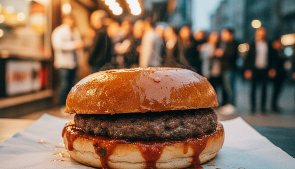 A close-up shot of an islak burger, showcasing its distinctive features: a small, soft bun filled with a juicy, thick beef patty drenched in savory tomato sauce. The burger is slightly squished, showcasing the appetizing textures of the meat and the glossy sauce. In the background, a bustling street in Taksim, Istanbul, is alive with energy, with people lining up outside a famous burger stall. Soft, warm streetlights illuminate the scene, creating a cozy evening atmosphere. The focus is on the burger, with a shallow depth of field blurring the background to emphasize its delicious details. The image should be high-resolution (8k) with rich, vivid colors, capturing the essence of an iconic local delicacy in a cinematic style. A close-up shot of an islak burger, showcasing its distinctive features: a small, soft bun filled with a juicy, thick beef patty drenched in savory tomato sauce. The burger is slightly squished, showcasing the appetizing textures of the meat and the glossy sauce. In the background, a bustling street in Taksim, Istanbul, is alive with energy, with people lining up outside a famous burger stall. Soft, warm streetlights illuminate the scene, creating a cozy evening atmosphere. The focus is on the burger, with a shallow depth of field blurring the background to emphasize its delicious details. The image should be high-resolution (8k) with rich, vivid colors, capturing the essence of an iconic local delicacy in a cinematic style.