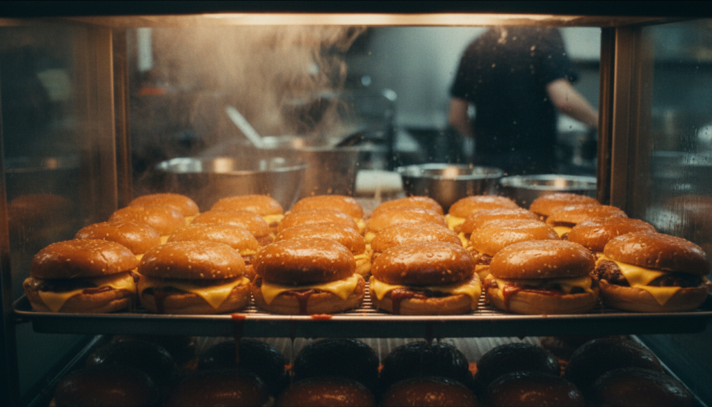 A close-up view of a steam cabinet window showcasing a savory array of wet burgers stacked neatly. The foreground captures the rich, glossy textures of the burgers, laden with melted cheese and dripping sauces. Steam gently condenses on the glass, creating a soft-focus effect that hints at the heat and moisture inside. The middle section features a well-lit interior of the steam cabinet, with warm, cinematic lighting highlighting the burgers' appetizing glisten. In the background, blurred kitchen tools are faintly visible, suggesting a bustling kitchen atmosphere. This image emphasizes mouthwatering details and evokes a sense of warmth and craving, shot with a high-resolution quality at 8k, ensuring crisp textures and rich colors. A close-up view of a steam cabinet window showcasing a savory array of wet burgers stacked neatly. The foreground captures the rich, glossy textures of the burgers, laden with melted cheese and dripping sauces. Steam gently condenses on the glass, creating a soft-focus effect that hints at the heat and moisture inside. The middle section features a well-lit interior of the steam cabinet, with warm, cinematic lighting highlighting the burgers' appetizing glisten. In the background, blurred kitchen tools are faintly visible, suggesting a bustling kitchen atmosphere. This image emphasizes mouthwatering details and evokes a sense of warmth and craving, shot with a high-resolution quality at 8k, ensuring crisp textures and rich colors.