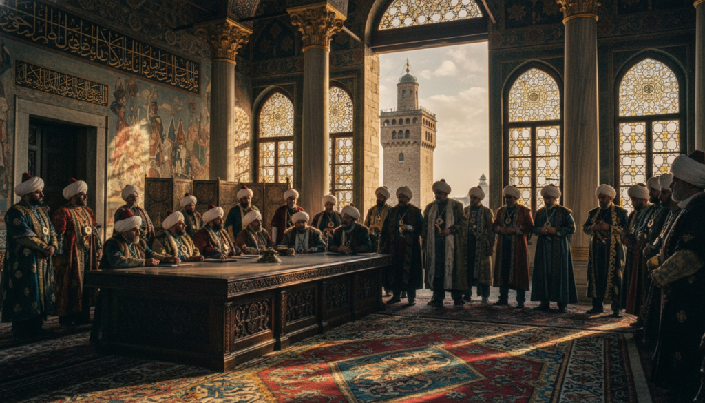 O se potu tele a le Fono a le Emepaea i totonu o le Maota o Topkapi, o loʻo i ai se laulau laupapa teuteu o loʻo siomia e tagata mamalu Ottoman o loʻo ofuina ni ofu talaloa masani, o loʻo faia ni talanoaga matuia. I le pito i luma, o kapeta lavelave ma taila mosaic auiliili e puʻeina ai lanu susulu o le vaitaimi. O le ogatotonu o loʻo faʻaalia ai poutū maualuluga ma teuteu ua teuteuina i tusitusiga matagofie ma mamanu teuteu. O moli malu ma ata tifaga e tafe atu i faamalama tetele ma faʻaofuofu, e faʻamamafaina ai le matagofie o ie ma le maa faʻapupula. O le talaaga o loʻo faʻaalia ai ni ata vali matagofie i puipui ma se faʻailoga o le Olo o le Faʻamasinoga Tonu i fafo, ma fausia ai se siosiomaga o le malosi ma le fuafuaga faʻapolokiki. O le vaaiga atoa o loʻo faʻaalia i le 8k resolution, ma faʻatumauina ai le taulaʻi atu i le moni ma le matagofie o le talafaʻasolopito. O se potu tele a le Fono a le Emepaea i totonu o le Maota o Topkapi, o loʻo i ai se laulau laupapa teuteu o loʻo siomia e tagata mamalu Ottoman o loʻo ofuina ni ofu talaloa masani, o loʻo faia ni talanoaga matuia. I le pito i luma, o kapeta lavelave ma taila mosaic auiliili e puʻeina ai lanu susulu o le vaitaimi. O le ogatotonu o loʻo faʻaalia ai poutū maualuluga ma teuteu ua teuteuina i tusitusiga matagofie ma mamanu teuteu. O moli malu ma ata tifaga e tafe atu i faamalama tetele ma faʻaofuofu, e faʻamamafaina ai le matagofie o ie ma le maa faʻapupula. O le talaaga o loʻo faʻaalia ai ni ata vali matagofie i puipui ma se faʻailoga o le Olo o le Faʻamasinoga Tonu i fafo, ma fausia ai se siosiomaga o le malosi ma le fuafuaga faʻapolokiki. O le vaaiga atoa o loʻo faʻaalia i le 8k resolution, ma faʻatumauina ai le taulaʻi atu i le moni ma le matagofie o le talafaʻasolopito.