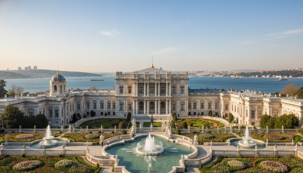 A majestic view of Dolmabahçe Palace, showcasing its grand European-style architecture with intricate details, located by the Bosphorus. In the foreground, lush green gardens with blooming flowers create a vibrant setting, while elegant fountains sparkle in the sunlight. The middle ground features the palace’s ornate facade adorned with sculptures and gold accents, reflecting the opulence of the Ottoman Empire. In the background, the serene blue waters of the Bosphorus contrast with the palace, under a clear sky illuminated by soft midday light. Capture this scene from a slightly elevated angle, emphasizing the palace’s grandeur against the natural beauty surrounding it. The mood is inviting and regal, evoking a sense of history and cultural richness. A majestic view of Dolmabahçe Palace, showcasing its grand European-style architecture with intricate details, located by the Bosphorus. In the foreground, lush green gardens with blooming flowers create a vibrant setting, while elegant fountains sparkle in the sunlight. The middle ground features the palace’s ornate facade adorned with sculptures and gold accents, reflecting the opulence of the Ottoman Empire. In the background, the serene blue waters of the Bosphorus contrast with the palace, under a clear sky illuminated by soft midday light. Capture this scene from a slightly elevated angle, emphasizing the palace’s grandeur against the natural beauty surrounding it. The mood is inviting and regal, evoking a sense of history and cultural richness.