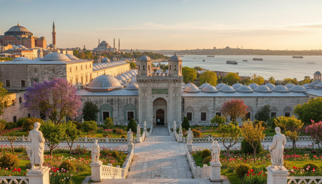 A majestic view of Topkapi Palace in Istanbul, showcasing its intricate Ottoman architecture. In the foreground, lush gardens with vibrant flowers and historical statues extend towards the main entrance. The middle ground highlights the palace's grand facades adorned with ornate tile work and domes, reflecting the splendor of the Ottoman Empire. In the background, the imposing silhouette of the city's skyline and the Bosporus Strait shimmer in the distance under a clear blue sky. The scene is illuminated by soft, golden sunlight, casting gentle shadows and enhancing the textures of the buildings. The atmosphere embodies a sense of history and grandeur, inviting viewers to explore this iconic landmark. A majestic view of Topkapi Palace in Istanbul, showcasing its intricate Ottoman architecture. In the foreground, lush gardens with vibrant flowers and historical statues extend towards the main entrance. The middle ground highlights the palace's grand facades adorned with ornate tile work and domes, reflecting the splendor of the Ottoman Empire. In the background, the imposing silhouette of the city's skyline and the Bosporus Strait shimmer in the distance under a clear blue sky. The scene is illuminated by soft, golden sunlight, casting gentle shadows and enhancing the textures of the buildings. The atmosphere embodies a sense of history and grandeur, inviting viewers to explore this iconic landmark.