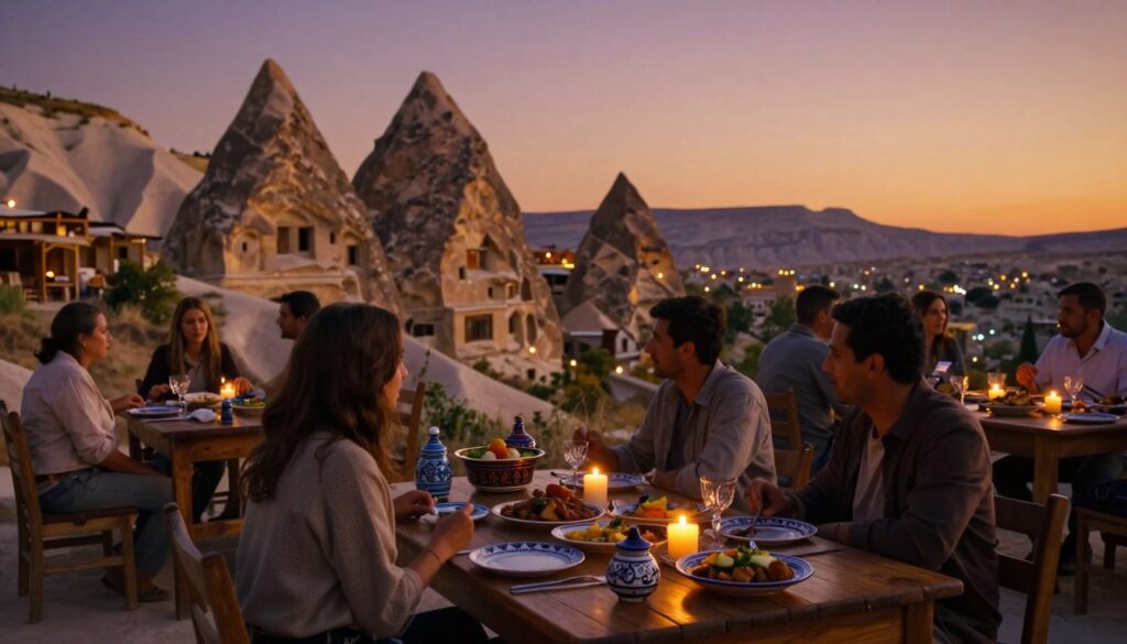 A picturesque dining scene in Cappadocia showcasing a cozy restaurant terrace nestled among the unique fairy chimneys. The foreground features an elegantly set wooden table adorned with traditional Turkish dishes, colorful ceramics, and flickering candles. In the middle ground, diners in modest, casual clothing are enjoying their meals and chatting, highlighting the local atmosphere. The background reveals stunning rock formations bathed in the warm glow of golden hour sunlight, with soft shadows adding depth to the landscape. The sky is a gradient of orange and purple, enhancing the romantic mood. Capture this image in raw photograph style with cinematic lighting and highly detailed textures, aiming for an 8k resolution to showcase the beauty of Cappadocia's dining experience. A picturesque dining scene in Cappadocia showcasing a cozy restaurant terrace nestled among the unique fairy chimneys. The foreground features an elegantly set wooden table adorned with traditional Turkish dishes, colorful ceramics, and flickering candles. In the middle ground, diners in modest, casual clothing are enjoying their meals and chatting, highlighting the local atmosphere. The background reveals stunning rock formations bathed in the warm glow of golden hour sunlight, with soft shadows adding depth to the landscape. The sky is a gradient of orange and purple, enhancing the romantic mood. Capture this image in raw photograph style with cinematic lighting and highly detailed textures, aiming for an 8k resolution to showcase the beauty of Cappadocia's dining experience.