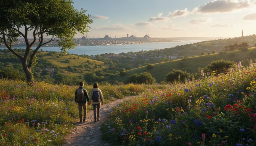 A picturesque hiking trail winding through lush greenery in the heart of Istanbul, featuring vibrant wildflowers and trees lining the path. In the foreground, a couple dressed in casual hiking attire strolls together, immersed in the natural beauty around them. The middle ground showcases a diverse landscape with rolling hills and a glimpse of the Bosphorus shimmering under the warm, late afternoon sun. The background reveals the iconic silhouette of Istanbul's skyline with minarets and domes softly blending into a blue sky dotted with wispy clouds. The scene is bathed in golden hour lighting, creating a serene and inviting atmosphere that captures the essence of exploring nature in the bustling city. A picturesque hiking trail winding through lush greenery in the heart of Istanbul, featuring vibrant wildflowers and trees lining the path. In the foreground, a couple dressed in casual hiking attire strolls together, immersed in the natural beauty around them. The middle ground showcases a diverse landscape with rolling hills and a glimpse of the Bosphorus shimmering under the warm, late afternoon sun. The background reveals the iconic silhouette of Istanbul's skyline with minarets and domes softly blending into a blue sky dotted with wispy clouds. The scene is bathed in golden hour lighting, creating a serene and inviting atmosphere that captures the essence of exploring nature in the bustling city.