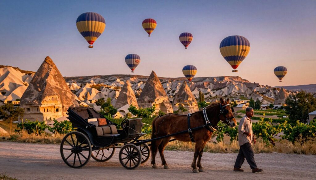 A picturesque scene capturing local transportation in Cappadocia, showcasing a traditional horsedrawn carriage in the foreground, with a farmer dressed in modest, casual clothing guiding it. In the middle ground, colorful hot air balloons ascend against the striking backdrop of Cappadocia's unique rock formations and fairy chimneys during the golden hour, illuminating the scene with warm, cinematic lighting. The background features a serene, expansive landscape dotted with vineyards and lush greenery under a vibrant, dusky sky. The image is rendered in 8k resolution, highlighting the intricate textures of the rock formations and the delicate details of the carriage and balloons, creating an inviting, tranquil atmosphere that embodies the charm and beauty of local travel in Cappadocia. A picturesque scene capturing local transportation in Cappadocia, showcasing a traditional horsedrawn carriage in the foreground, with a farmer dressed in modest, casual clothing guiding it. In the middle ground, colorful hot air balloons ascend against the striking backdrop of Cappadocia's unique rock formations and fairy chimneys during the golden hour, illuminating the scene with warm, cinematic lighting. The background features a serene, expansive landscape dotted with vineyards and lush greenery under a vibrant, dusky sky. The image is rendered in 8k resolution, highlighting the intricate textures of the rock formations and the delicate details of the carriage and balloons, creating an inviting, tranquil atmosphere that embodies the charm and beauty of local travel in Cappadocia.