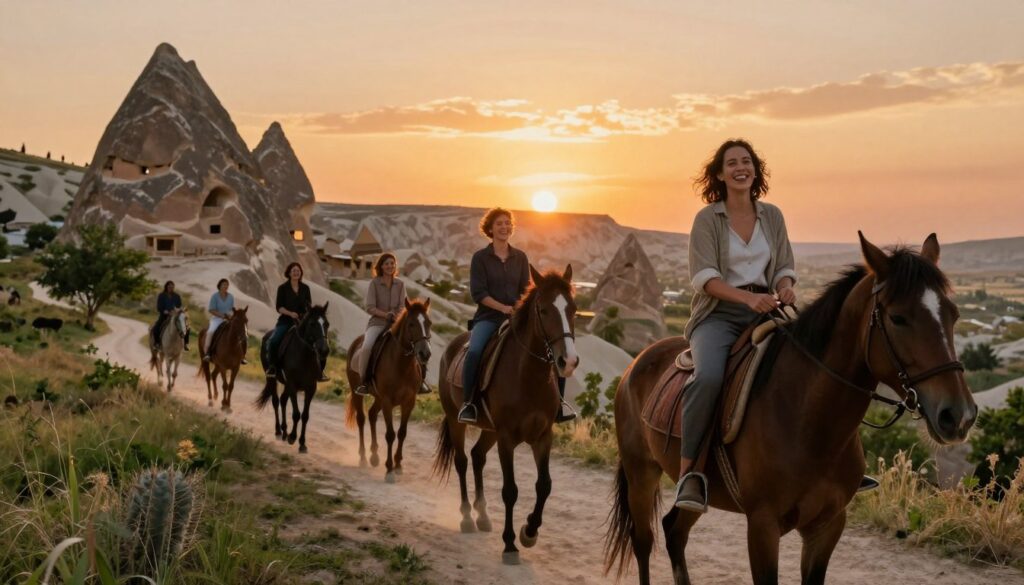 A picturesque scene capturing the essence of sunset horseback riding in Cappadocia, featuring a diverse group of happy riders on well-groomed horses. In the foreground, a woman in modest casual clothing beams with joy as she shares her experience, sitting on a brown horse. The middle ground showcases a small group of riders traversing a rugged trail, framed by unique rock formations and lush greenery. The background reveals the stunning Cappadocia landscape bathed in warm golden and orange hues of the sunset, creating a serene and magical atmosphere. The scene is rendered with cinematic lighting that accentuates the details of the horses’ fur and the textures of the rocky terrain. This compelling composition is captured in rich, textured 8k resolution, evoking a sense of adventure and connection with nature. A picturesque scene capturing the essence of sunset horseback riding in Cappadocia, featuring a diverse group of happy riders on well-groomed horses. In the foreground, a woman in modest casual clothing beams with joy as she shares her experience, sitting on a brown horse. The middle ground showcases a small group of riders traversing a rugged trail, framed by unique rock formations and lush greenery. The background reveals the stunning Cappadocia landscape bathed in warm golden and orange hues of the sunset, creating a serene and magical atmosphere. The scene is rendered with cinematic lighting that accentuates the details of the horses’ fur and the textures of the rocky terrain. This compelling composition is captured in rich, textured 8k resolution, evoking a sense of adventure and connection with nature.