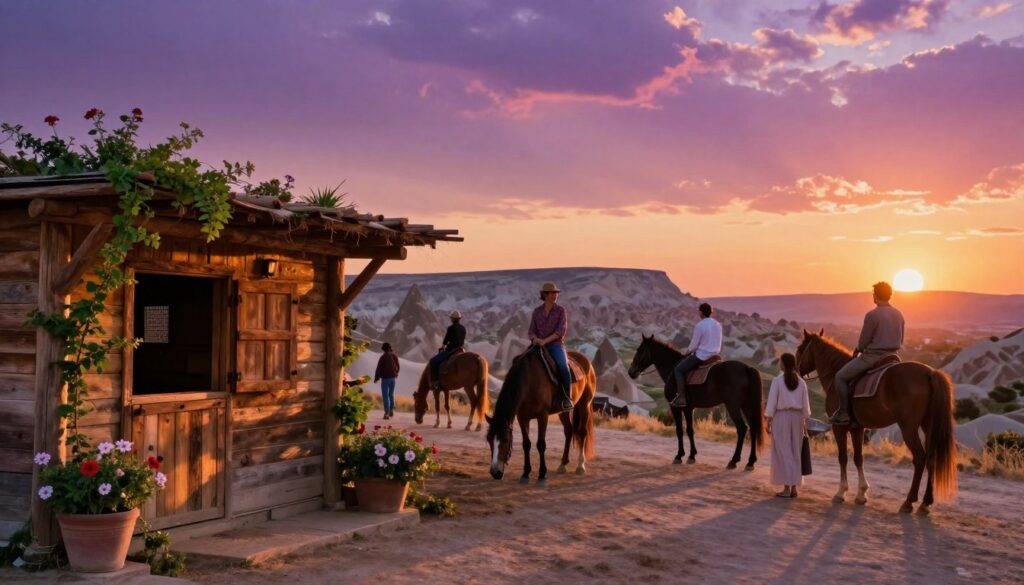 A picturesque scene of a top-rated ranch in Cappadocia at sunset, featuring a rustic wooden stable in the foreground adorned with lush green plants and blooming flowers. In the middle ground, several well-groomed horses are grazing peacefully, their coats gleaming in the warm golden light. A diverse group of people, dressed in modest casual attire for horseback riding, is preparing for an adventure, showcasing joy and anticipation. The background reveals the stunning unique rock formations of Cappadocia bathed in vibrant hues of orange, pink, and purple as the sun sets, casting soft shadows across the landscape. The image should have cinematic lighting, highlighting textures and details, captured in 8k resolution to convey a magical, serene atmosphere of an unforgettable horseback riding experience. A picturesque scene of a top-rated ranch in Cappadocia at sunset, featuring a rustic wooden stable in the foreground adorned with lush green plants and blooming flowers. In the middle ground, several well-groomed horses are grazing peacefully, their coats gleaming in the warm golden light. A diverse group of people, dressed in modest casual attire for horseback riding, is preparing for an adventure, showcasing joy and anticipation. The background reveals the stunning unique rock formations of Cappadocia bathed in vibrant hues of orange, pink, and purple as the sun sets, casting soft shadows across the landscape. The image should have cinematic lighting, highlighting textures and details, captured in 8k resolution to convey a magical, serene atmosphere of an unforgettable horseback riding experience.