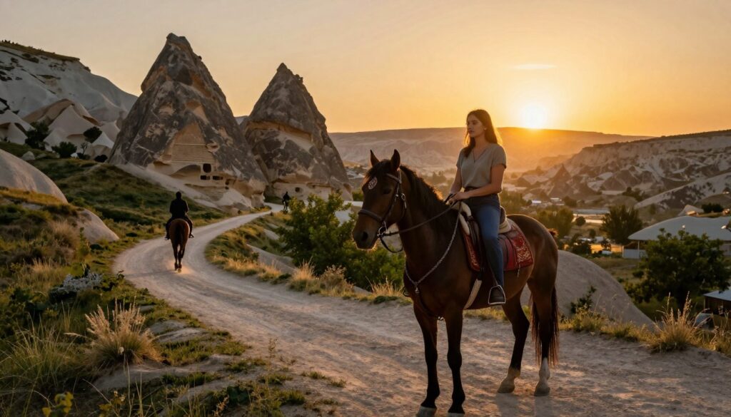 A picturesque scene showcasing additional horseback riding tours in the enchanting landscape of Cappadocia at sunset. In the foreground, a serene horse adorned with decorative saddle gear stands beside an elegantly dressed rider wearing modest casual clothing, holding a bridle. The middle ground features a winding trail flanked by unique rock formations and lush greenery, while in the background, the iconic fairy chimneys bathe in warm golden light as the sun sets on the horizon, casting dramatic shadows. The atmosphere is tranquil and inviting, reflecting the joy of exploring nature on horseback. The photo captures intricate details such as the horse's glossy mane and the textures of the rocky terrain, all rendered in high resolution, with cinematic lighting to enhance the magical feel of the moment. A picturesque scene showcasing additional horseback riding tours in the enchanting landscape of Cappadocia at sunset. In the foreground, a serene horse adorned with decorative saddle gear stands beside an elegantly dressed rider wearing modest casual clothing, holding a bridle. The middle ground features a winding trail flanked by unique rock formations and lush greenery, while in the background, the iconic fairy chimneys bathe in warm golden light as the sun sets on the horizon, casting dramatic shadows. The atmosphere is tranquil and inviting, reflecting the joy of exploring nature on horseback. The photo captures intricate details such as the horse's glossy mane and the textures of the rocky terrain, all rendered in high resolution, with cinematic lighting to enhance the magical feel of the moment.