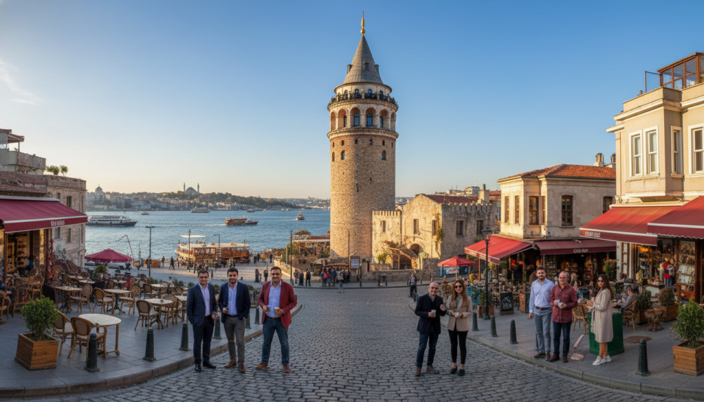 A picturesque view of the iconic Galata Tower standing tall against a bright blue sky, surrounded by the vibrant atmosphere of the historic Galata district in Istanbul. In the foreground, cobblestone streets lined with charming cafes and boutique shops create an inviting scene. A few people dressed in professional attire engage in casual conversations, enjoying the sunny day. In the middle ground, the striking stone architecture of the tower is highlighted by the warm glow of the afternoon sun, casting soft shadows. The background features the Bosphorus Strait glistening under the sunlight, with boats gently passing by. The overall mood is cheerful and lively, inviting visitors to explore and appreciate this architectural gem without the hustle of tourists. The image is captured from a slightly elevated angle, emphasizing the tower's grandeur while maintaining a welcoming street-level perspective. A picturesque view of the iconic Galata Tower standing tall against a bright blue sky, surrounded by the vibrant atmosphere of the historic Galata district in Istanbul. In the foreground, cobblestone streets lined with charming cafes and boutique shops create an inviting scene. A few people dressed in professional attire engage in casual conversations, enjoying the sunny day. In the middle ground, the striking stone architecture of the tower is highlighted by the warm glow of the afternoon sun, casting soft shadows. The background features the Bosphorus Strait glistening under the sunlight, with boats gently passing by. The overall mood is cheerful and lively, inviting visitors to explore and appreciate this architectural gem without the hustle of tourists. The image is captured from a slightly elevated angle, emphasizing the tower's grandeur while maintaining a welcoming street-level perspective.