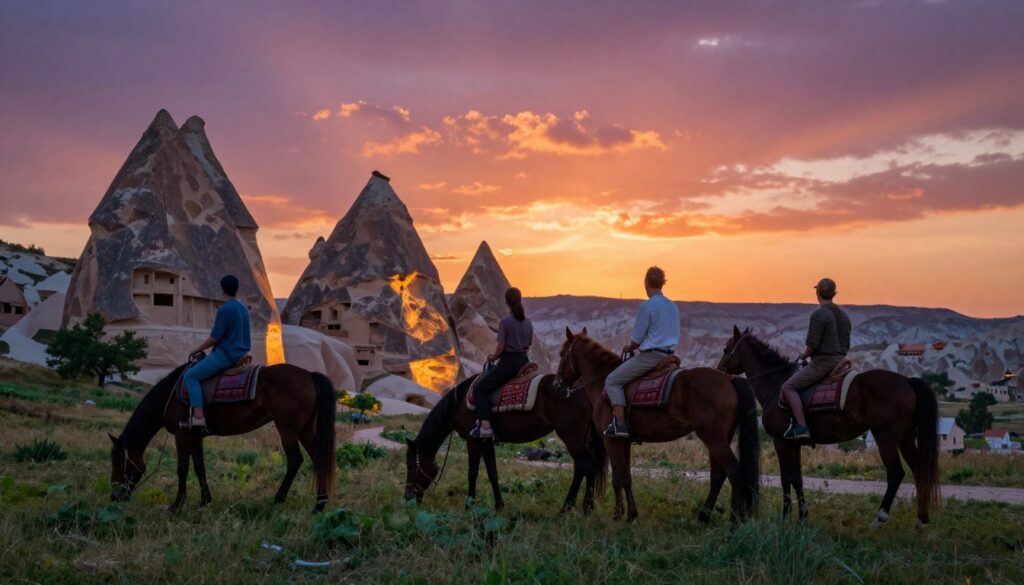 A serene evening scene in Cappadocia, featuring a group of four riders on horseback, dressed in modest, casual clothing. In the foreground, the horses, adorned with traditional saddles, graze gently on vibrant greenery. The middle ground showcases the unique fairy chimneys of Cappadocia, bathed in the soft, golden light of the setting sun, casting long shadows and enhancing the textures of the landscape. In the background, the sky is a stunning palette of oranges, pinks, and purples, with wispy clouds reflecting the sunset's hues. Shot with a high-quality lens, the focus is sharp on the horses while the landscape gently fades into a dreamy blur, conveying a sense of calm adventure. The atmosphere is magical and inviting, ideal for planning an unforgettable evening. Highly detailed textures, raw photograph, cinematic lighting, 8k resolution. A serene evening scene in Cappadocia, featuring a group of four riders on horseback, dressed in modest, casual clothing. In the foreground, the horses, adorned with traditional saddles, graze gently on vibrant greenery. The middle ground showcases the unique fairy chimneys of Cappadocia, bathed in the soft, golden light of the setting sun, casting long shadows and enhancing the textures of the landscape. In the background, the sky is a stunning palette of oranges, pinks, and purples, with wispy clouds reflecting the sunset's hues. Shot with a high-quality lens, the focus is sharp on the horses while the landscape gently fades into a dreamy blur, conveying a sense of calm adventure. The atmosphere is magical and inviting, ideal for planning an unforgettable evening. Highly detailed textures, raw photograph, cinematic lighting, 8k resolution.