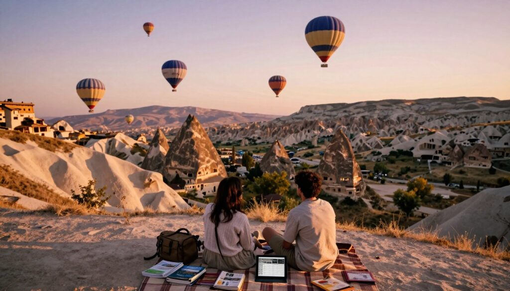 A serene landscape capturing Cappadocia's unique rock formations and fairy chimneys during the golden hour, with soft, warm sunlight illuminating the scene. In the foreground, a couple dressed in comfortable travel attire is spread out on a picnic blanket, surrounded by travel guides and a digital tablet displaying flight information. In the middle ground, hot air balloons ascend gracefully, their colorful silhouettes contrasting against the pastel sky, while rolling hills enhance the depth of the scene. The distant background features whimsical rock towers and ancient cave dwellings bathed in warm light, creating a magical and inviting atmosphere. Emphasize high-detailed textures of the terrain under a cinematic lens in 8k resolution, evoking a sense of adventure and tranquility. A serene landscape capturing Cappadocia's unique rock formations and fairy chimneys during the golden hour, with soft, warm sunlight illuminating the scene. In the foreground, a couple dressed in comfortable travel attire is spread out on a picnic blanket, surrounded by travel guides and a digital tablet displaying flight information. In the middle ground, hot air balloons ascend gracefully, their colorful silhouettes contrasting against the pastel sky, while rolling hills enhance the depth of the scene. The distant background features whimsical rock towers and ancient cave dwellings bathed in warm light, creating a magical and inviting atmosphere. Emphasize high-detailed textures of the terrain under a cinematic lens in 8k resolution, evoking a sense of adventure and tranquility.