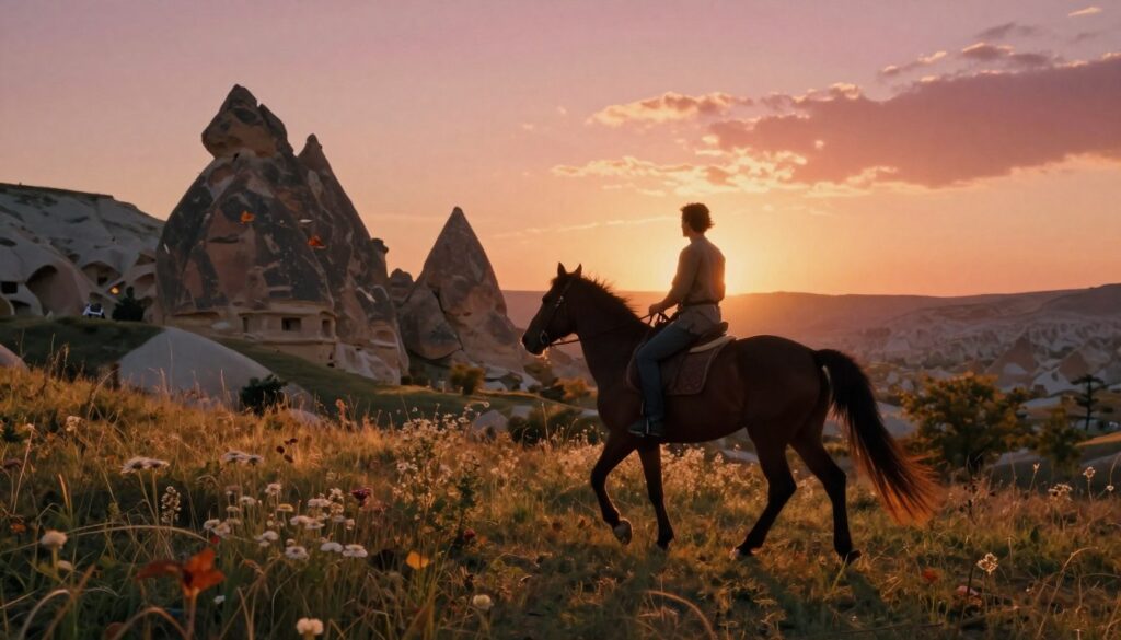 A serene scene of evening horseback riding in Cappadocia, with a lone rider on a majestic horse gracefully moving through the gentle hills. The foreground features the horse’s details and the rider in modest casual attire, reflecting tranquility and connection with nature. In the middle ground, soft grass and wildflowers bathe in golden sunset light, while autumn leaves scatter in the gentle breeze. The background showcases Cappadocia's iconic fairy chimneys silhouetted against a fiery orange and pink sky. The image captures cinematic lighting with a warm glow, emphasizing the calming atmosphere of the dusk. Shot with a wide-angle lens to enhance depth, the entire composition radiates serenity and adventure, perfect for an evocative visual experience. Highly detailed textures and elements create a realistic, almost 8k resolution feel, immersing viewers in the moment. A serene scene of evening horseback riding in Cappadocia, with a lone rider on a majestic horse gracefully moving through the gentle hills. The foreground features the horse’s details and the rider in modest casual attire, reflecting tranquility and connection with nature. In the middle ground, soft grass and wildflowers bathe in golden sunset light, while autumn leaves scatter in the gentle breeze. The background showcases Cappadocia's iconic fairy chimneys silhouetted against a fiery orange and pink sky. The image captures cinematic lighting with a warm glow, emphasizing the calming atmosphere of the dusk. Shot with a wide-angle lens to enhance depth, the entire composition radiates serenity and adventure, perfect for an evocative visual experience. Highly detailed textures and elements create a realistic, almost 8k resolution feel, immersing viewers in the moment.