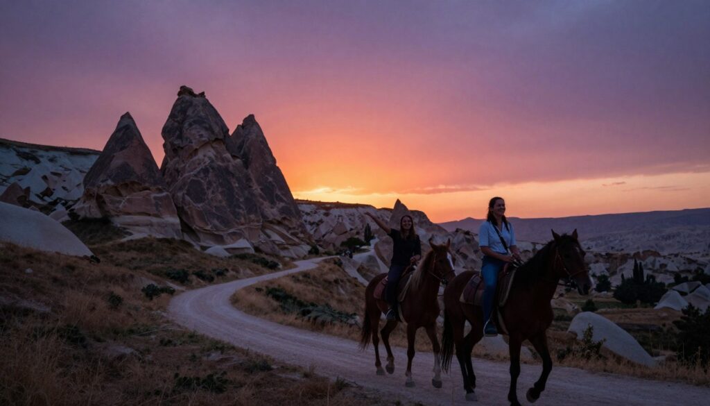 A serene sunset horseback riding scene in Cappadocia, showcasing a scenic landscape with unique rock formations. In the foreground, two riders in modest casual attire are enjoying their ride on gentle horses, reflecting joy and adventure. The middle ground features a winding trail that leads toward a vibrant horizon painted in hues of orange, pink, and purple, capturing the essence of sunset. In the background, majestic fairy chimneys are silhouetted against the colorful sky, adding depth and interest. The scene is illuminated with cinematic lighting that highlights the textures of the horses and the landscape. The image is composed with a slightly low angle to emphasize the grandeur of the surroundings, rendered in 8k resolution for stunning detail. The overall mood is peaceful, inspiring, and inviting, encouraging viewers to embrace the adventure of sunset horseback riding. A serene sunset horseback riding scene in Cappadocia, showcasing a scenic landscape with unique rock formations. In the foreground, two riders in modest casual attire are enjoying their ride on gentle horses, reflecting joy and adventure. The middle ground features a winding trail that leads toward a vibrant horizon painted in hues of orange, pink, and purple, capturing the essence of sunset. In the background, majestic fairy chimneys are silhouetted against the colorful sky, adding depth and interest. The scene is illuminated with cinematic lighting that highlights the textures of the horses and the landscape. The image is composed with a slightly low angle to emphasize the grandeur of the surroundings, rendered in 8k resolution for stunning detail. The overall mood is peaceful, inspiring, and inviting, encouraging viewers to embrace the adventure of sunset horseback riding.