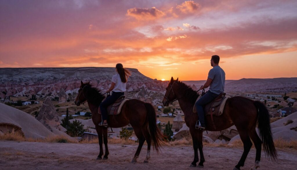 A serene sunset horseback riding tour in Cappadocia, featuring two riders on beautifully equipped horses. In the foreground, capture the horses' strong forms with detailed saddles, their manes gently flowing in the breeze. The middle ground showcases the riders, dressed in modest casual clothing, enjoying the ride and taking in the breathtaking landscape. Behind them, the iconic fairy chimneys and valleys of Cappadocia stretch out under a stunning sky painted in shades of orange, pink, and purple as the sun sets. The scene is bathed in warm, cinematic lighting that highlights the rich textures of the terrain. The atmosphere is tranquil and adventurous, inviting viewers to experience the magic of horseback riding during sunset. 8k resolution for high detail. A serene sunset horseback riding tour in Cappadocia, featuring two riders on beautifully equipped horses. In the foreground, capture the horses' strong forms with detailed saddles, their manes gently flowing in the breeze. The middle ground showcases the riders, dressed in modest casual clothing, enjoying the ride and taking in the breathtaking landscape. Behind them, the iconic fairy chimneys and valleys of Cappadocia stretch out under a stunning sky painted in shades of orange, pink, and purple as the sun sets. The scene is bathed in warm, cinematic lighting that highlights the rich textures of the terrain. The atmosphere is tranquil and adventurous, inviting viewers to experience the magic of horseback riding during sunset. 8k resolution for high detail.