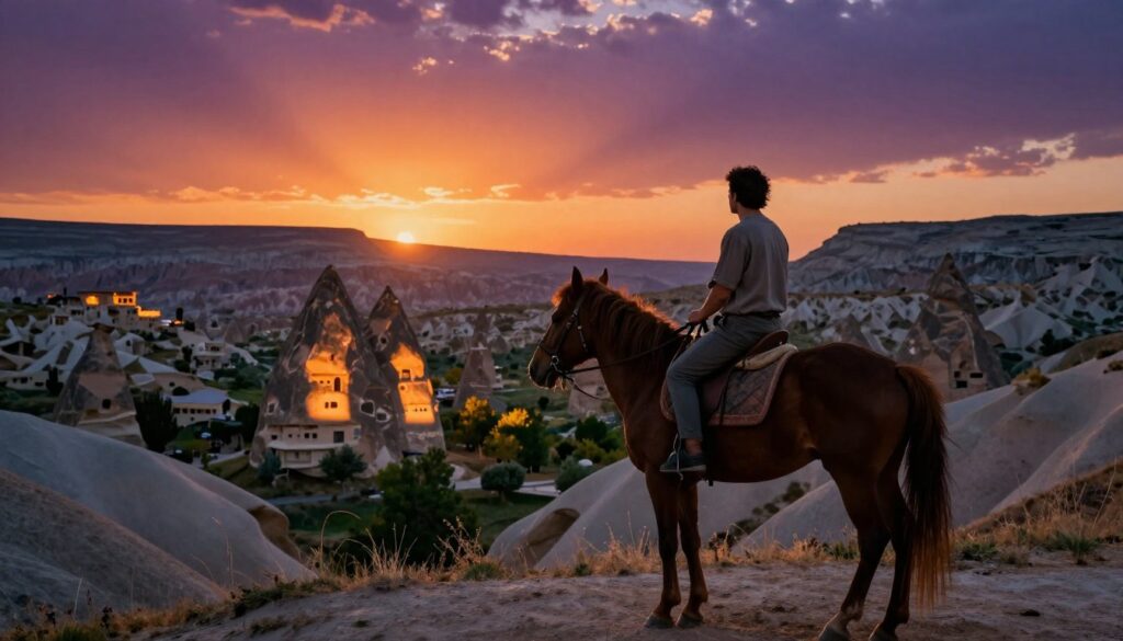 A serene sunset scene in Cappadocia, featuring a horseback rider gracefully navigating the undulating terrain of unique rock formations and valleys. In the foreground, a gentle horse stands patiently, its mane softly illuminated by warm, golden light. The rider, dressed in modest casual attire, gazes thoughtfully toward the horizon where vibrant oranges and purples blend in the sky. In the middle ground, the whimsical fairy chimneys cast long shadows, and lush greenery peeks through the rugged landscape. The background reveals a distant collection of ancient cave dwellings bathed in the soft glow of twilight. The atmosphere is tranquil and inviting, evoking a sense of freedom and flexibility. The image is captured in raw photographic style with cinematic lighting and highly detailed textures, ensuring an 8k resolution for clarity and depth. A serene sunset scene in Cappadocia, featuring a horseback rider gracefully navigating the undulating terrain of unique rock formations and valleys. In the foreground, a gentle horse stands patiently, its mane softly illuminated by warm, golden light. The rider, dressed in modest casual attire, gazes thoughtfully toward the horizon where vibrant oranges and purples blend in the sky. In the middle ground, the whimsical fairy chimneys cast long shadows, and lush greenery peeks through the rugged landscape. The background reveals a distant collection of ancient cave dwellings bathed in the soft glow of twilight. The atmosphere is tranquil and inviting, evoking a sense of freedom and flexibility. The image is captured in raw photographic style with cinematic lighting and highly detailed textures, ensuring an 8k resolution for clarity and depth.