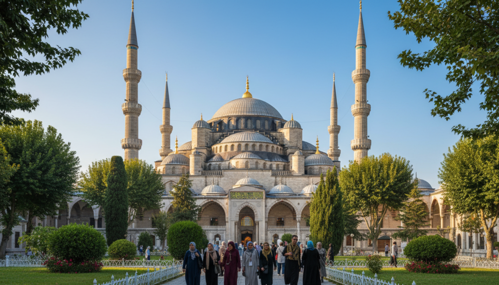 A stunning view of the Blue Mosque in Istanbul, capturing its iconic six minarets piercing a bright blue sky. In the foreground, lush greenery surrounds the ornate entrance, with visitors in modest attire admiring the structure. The middle ground features the majestic dome, intricately patterned, glowing softly under warm midday sunlight, accentuating the vibrant blue tiles. Inside, the atmosphere is serene, with sunlight filtering through stained glass windows, illuminating the stunning mosaics and calligraphy on the walls. The angle is slightly elevated, showcasing the grand scale of the mosque, framed by the gently swaying branches of nearby trees, evoking a sense of awe and tranquility. A stunning view of the Blue Mosque in Istanbul, capturing its iconic six minarets piercing a bright blue sky. In the foreground, lush greenery surrounds the ornate entrance, with visitors in modest attire admiring the structure. The middle ground features the majestic dome, intricately patterned, glowing softly under warm midday sunlight, accentuating the vibrant blue tiles. Inside, the atmosphere is serene, with sunlight filtering through stained glass windows, illuminating the stunning mosaics and calligraphy on the walls. The angle is slightly elevated, showcasing the grand scale of the mosque, framed by the gently swaying branches of nearby trees, evoking a sense of awe and tranquility.