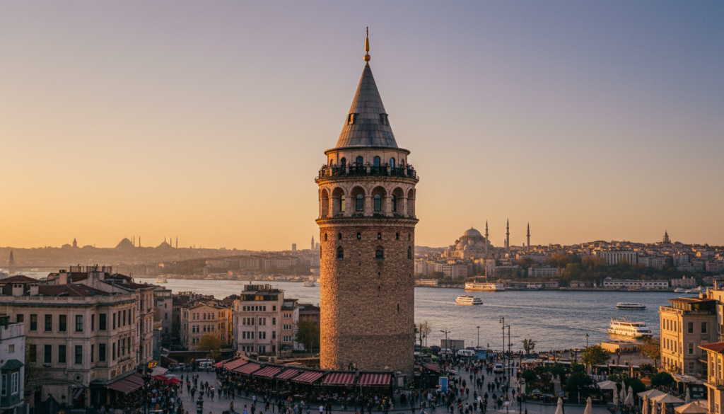 A stunning view of the Galata Tower, prominently featured in the foreground, with its iconic conical crown and ancient stone walls bathed in the warm glow of late afternoon sunlight. The middle ground reveals bustling streets lined with charming cafés and historical buildings, creating an inviting atmosphere. In the background, the skyline of Istanbul rises, with the shimmering Bosphorus reflecting the golden hues of dusk. Captured at a low angle to accentuate the tower's height, the image conveys a sense of grandeur and history. The scene is rich in detail, showcasing textured stonework and vibrant city life, with a soft bokeh effect enhancing the depth. The overall mood is warm and inviting, perfect for illustrating Istanbul’s architectural wonders in a captivating manner. High resolution, with cinematic lighting, 8k quality. A stunning view of the Galata Tower, prominently featured in the foreground, with its iconic conical crown and ancient stone walls bathed in the warm glow of late afternoon sunlight. The middle ground reveals bustling streets lined with charming cafés and historical buildings, creating an inviting atmosphere. In the background, the skyline of Istanbul rises, with the shimmering Bosphorus reflecting the golden hues of dusk. Captured at a low angle to accentuate the tower's height, the image conveys a sense of grandeur and history. The scene is rich in detail, showcasing textured stonework and vibrant city life, with a soft bokeh effect enhancing the depth. The overall mood is warm and inviting, perfect for illustrating Istanbul’s architectural wonders in a captivating manner. High resolution, with cinematic lighting, 8k quality.