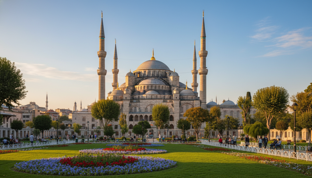 A stunning view of the iconic Blue Mosque in Istanbul, showcasing its magnificent domes and six slender minarets reaching towards a clear blue sky. In the foreground, lush green grass and vibrant flowers create a serene park setting, inviting visitors to relax. The middle ground highlights the ornate details of the mosque's architecture, with intricate tile work and large arched windows glistening in the warm sunlight. The background features a glimpse of nearby ancient trees and distant city sights, creating a harmonious balance of nature and urban life. The lighting is soft and golden, suggesting the comforting glow of early evening. The atmosphere conveys a sense of peace and admiration, ideal for capturing the essence of this must-see landmark. A stunning view of the iconic Blue Mosque in Istanbul, showcasing its magnificent domes and six slender minarets reaching towards a clear blue sky. In the foreground, lush green grass and vibrant flowers create a serene park setting, inviting visitors to relax. The middle ground highlights the ornate details of the mosque's architecture, with intricate tile work and large arched windows glistening in the warm sunlight. The background features a glimpse of nearby ancient trees and distant city sights, creating a harmonious balance of nature and urban life. The lighting is soft and golden, suggesting the comforting glow of early evening. The atmosphere conveys a sense of peace and admiration, ideal for capturing the essence of this must-see landmark.