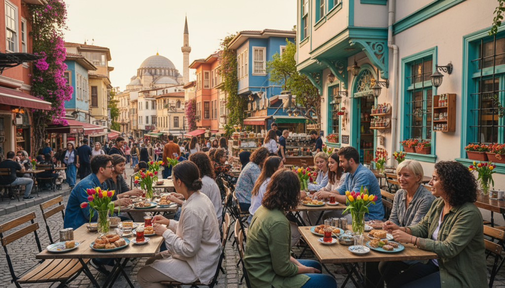 A vibrant Istanbul neighborhood café scene, showcasing charming outdoor seating filled with diverse groups of people enjoying coffee and pastries. In the foreground, quaint wooden tables adorned with colorful flowers, plates of traditional Turkish treats, and cups of steaming coffee. In the middle, a bustling café with a mix of locals and tourists dressed in modest casual attire, engaged in conversation and laughter. The background features iconic Istanbul architecture, with narrow cobblestone streets lined with artfully painted buildings and lush greenery. The scene is illuminated by warm, golden sunlight, creating a cozy and inviting atmosphere. Capture the essence of charm and community, evoking the local spirit of Istanbul's charismatic neighborhoods. A vibrant Istanbul neighborhood café scene, showcasing charming outdoor seating filled with diverse groups of people enjoying coffee and pastries. In the foreground, quaint wooden tables adorned with colorful flowers, plates of traditional Turkish treats, and cups of steaming coffee. In the middle, a bustling café with a mix of locals and tourists dressed in modest casual attire, engaged in conversation and laughter. The background features iconic Istanbul architecture, with narrow cobblestone streets lined with artfully painted buildings and lush greenery. The scene is illuminated by warm, golden sunlight, creating a cozy and inviting atmosphere. Capture the essence of charm and community, evoking the local spirit of Istanbul's charismatic neighborhoods.
