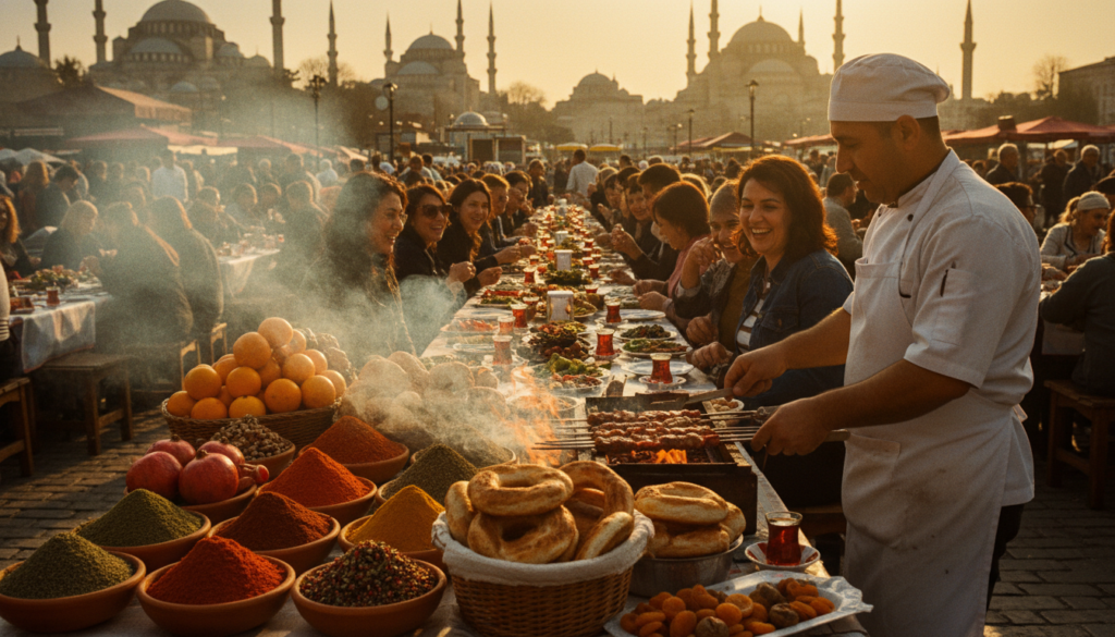 A vibrant and bustling Istanbul culinary scene, showcasing a street market filled with colorful fresh spices, fruits, and traditional Turkish dishes. In the foreground, a local chef, dressed in a white apron and professional attire, expertly prepares kebabs on a grill, with steam rising and aromatic spices wafting through the air. In the middle ground, patrons enjoy meals at wooden tables adorned with plates of meze, fresh bread, and Turkish tea, with cheerful conversations and laughter creating an inviting atmosphere. The background features the iconic silhouette of Istanbul's skyline, including minarets and ancient architecture under a golden hour sun, casting warm, cinematic lighting that highlights the textures of the food and the joyful ambiance. Captured in stunning 8k resolution, this scene reflects the rich flavors and cultural diversity of Istanbul’s culinary adventures. A vibrant and bustling Istanbul culinary scene, showcasing a street market filled with colorful fresh spices, fruits, and traditional Turkish dishes. In the foreground, a local chef, dressed in a white apron and professional attire, expertly prepares kebabs on a grill, with steam rising and aromatic spices wafting through the air. In the middle ground, patrons enjoy meals at wooden tables adorned with plates of meze, fresh bread, and Turkish tea, with cheerful conversations and laughter creating an inviting atmosphere. The background features the iconic silhouette of Istanbul's skyline, including minarets and ancient architecture under a golden hour sun, casting warm, cinematic lighting that highlights the textures of the food and the joyful ambiance. Captured in stunning 8k resolution, this scene reflects the rich flavors and cultural diversity of Istanbul’s culinary adventures.