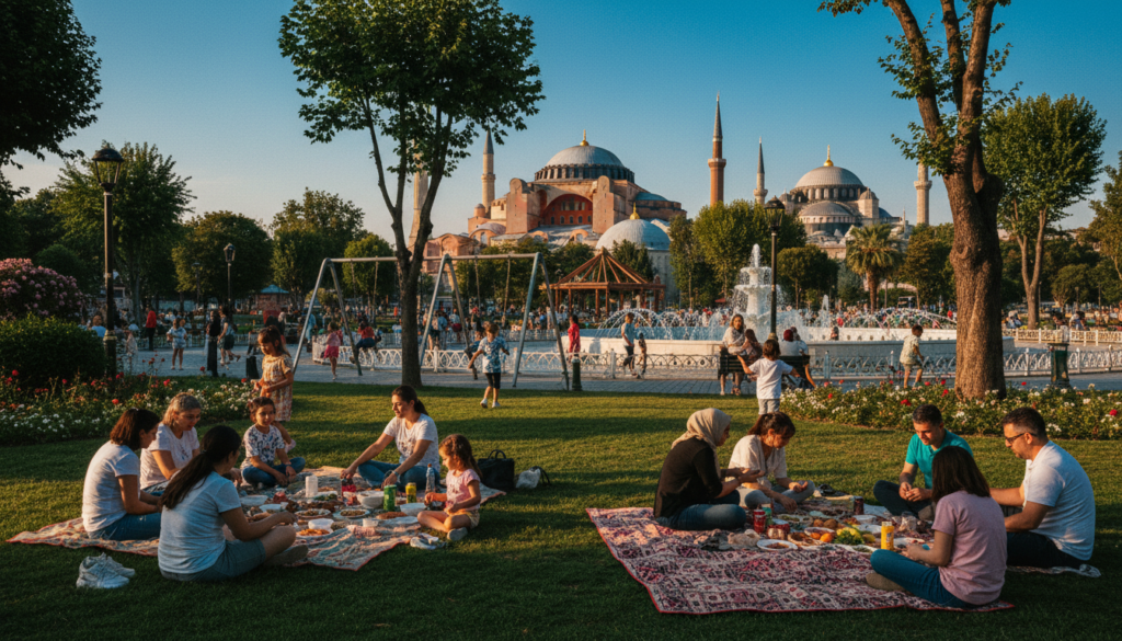 A vibrant, family-friendly scene in Istanbul, showcasing a bustling park filled with children playing and parents relaxing. In the foreground, a diverse group of families enjoys a picnic on the grass, with colorful picnic blankets and delicious food spread out. In the middle ground, there are children playing on swings and climbing structures, while a nearby fountain glistens in the sunlight. Lush greenery surrounds the area, and iconic Istanbul landmarks like the Hagia Sophia and the Blue Mosque can be seen in the background against a clear blue sky. The atmosphere is joyful and lively, with golden hour lighting casting warm tones over the scene. The image is captured in stunning 8k resolution, emphasizing highly detailed textures and a cinematic feel. A vibrant, family-friendly scene in Istanbul, showcasing a bustling park filled with children playing and parents relaxing. In the foreground, a diverse group of families enjoys a picnic on the grass, with colorful picnic blankets and delicious food spread out. In the middle ground, there are children playing on swings and climbing structures, while a nearby fountain glistens in the sunlight. Lush greenery surrounds the area, and iconic Istanbul landmarks like the Hagia Sophia and the Blue Mosque can be seen in the background against a clear blue sky. The atmosphere is joyful and lively, with golden hour lighting casting warm tones over the scene. The image is captured in stunning 8k resolution, emphasizing highly detailed textures and a cinematic feel.
