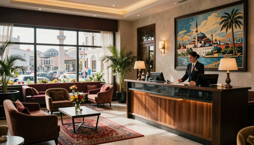 A vibrant hotel lobby in a 3-star hotel in Istanbul, showcasing rich details and features. In the foreground, a reception desk with a friendly staff member in professional attire, ready to assist guests. The middle ground captures elegant seating arrangements with plush armchairs and a coffee table, adorned with a vase of fresh flowers. The background features large windows revealing a glimpse of the bustling city outside, with soft natural light pouring in, casting a warm glow. Cinematic lighting highlights the textures of the decor, including intricate rugs and stunning wall art depicting iconic Istanbul landmarks. The atmosphere is welcoming and inviting, reflecting value-added services like a cozy lounge and complimentary refreshments. The image is highly detailed in 8k resolution, emphasizing the luxurious yet accessible vibe of a 3-star hotel. A vibrant hotel lobby in a 3-star hotel in Istanbul, showcasing rich details and features. In the foreground, a reception desk with a friendly staff member in professional attire, ready to assist guests. The middle ground captures elegant seating arrangements with plush armchairs and a coffee table, adorned with a vase of fresh flowers. The background features large windows revealing a glimpse of the bustling city outside, with soft natural light pouring in, casting a warm glow. Cinematic lighting highlights the textures of the decor, including intricate rugs and stunning wall art depicting iconic Istanbul landmarks. The atmosphere is welcoming and inviting, reflecting value-added services like a cozy lounge and complimentary refreshments. The image is highly detailed in 8k resolution, emphasizing the luxurious yet accessible vibe of a 3-star hotel.