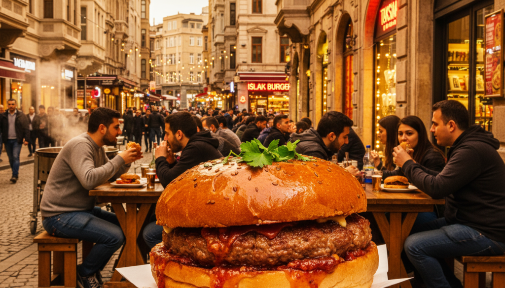 A vibrant islak burger place in Taksim, Istanbul, teeming with life. In the foreground, a close-up of a juicy, dripping islak burger with a perfectly toasted bun, glistening with savory sauces and garnished with fresh parsley. In the middle ground, patrons seated at rustic wooden tables, casually enjoying their meals, dressed in modest casual clothing, embodying a communal dining experience. The background features a bustling street scene, illuminated by warm, cinematic lighting that enhances the inviting atmosphere, while traditional Turkish architecture frames the setting. The image captures the textures of the food and decor in stunning 8k resolution, conveying a sense of excitement and mouthwatering anticipation in this must-visit burger destination. A vibrant islak burger place in Taksim, Istanbul, teeming with life. In the foreground, a close-up of a juicy, dripping islak burger with a perfectly toasted bun, glistening with savory sauces and garnished with fresh parsley. In the middle ground, patrons seated at rustic wooden tables, casually enjoying their meals, dressed in modest casual clothing, embodying a communal dining experience. The background features a bustling street scene, illuminated by warm, cinematic lighting that enhances the inviting atmosphere, while traditional Turkish architecture frames the setting. The image captures the textures of the food and decor in stunning 8k resolution, conveying a sense of excitement and mouthwatering anticipation in this must-visit burger destination.