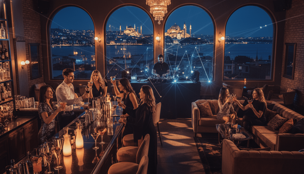 A vibrant night scene inside a trendy Istanbul nightclub, showcasing a stylish bar area with colorful cocktails and ambient lighting. In the foreground, a diverse group of young adults dressed in chic evening attire engage in conversation and laughter, creating an inviting and lively atmosphere. The middle section features a DJ booth, with a DJ passionately mixing tracks under a dazzling array of lights, while stylish lounge seating is scattered throughout. In the background, large windows reveal the stunning silhouette of the Istanbul skyline at night, with glimmering city lights. Cinematic lighting casts dynamic shadows and highlights the intricate textures of the venue’s decor. The overall mood is energetic and welcoming, perfect for a night out in one of Istanbul's best nightlife spots. Capture the scene in 8k resolution for remarkable detail.