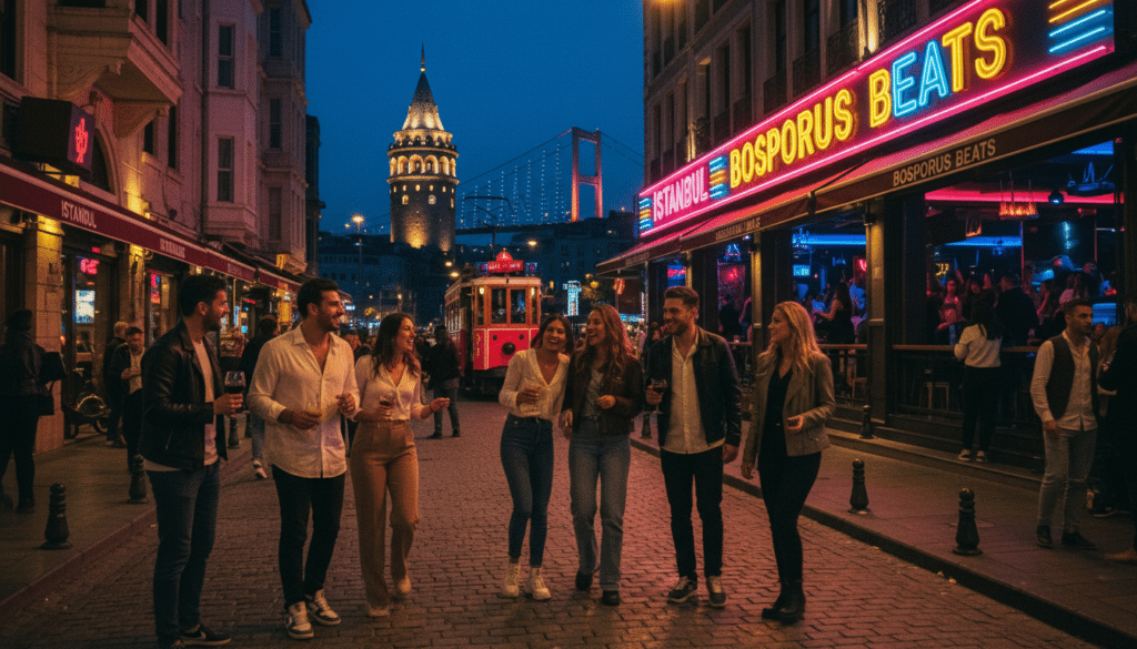 A vibrant scene capturing the lively nightlife of Istanbul's districts, showcasing bustling streets filled with trendy nightclubs and cafes. In the foreground, groups of friends dressed in stylish casual attire are enjoying their evening, engaged in conversation and laughter. The middle ground features illuminated club façades with colorful neon lights and large windows revealing dancers inside. In the background, iconic structures like the Galata Tower and the silhouette of the Bosphorus Bridge are visible against a twilight sky, enhancing the city's charm. The scene is bathed in soft, cinematic lighting, highlighting the textures of the buildings and the human interactions. Shot in 8k resolution, this image should evoke excitement and a sense of adventure, inviting viewers to explore Istanbul's thrilling nightlife.