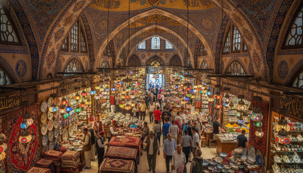 A vibrant scene inside the Grand Bazaar in Istanbul, showcasing its iconic arched ceilings adorned with intricate mosaics and colorful hanging lanterns. In the foreground, a selection of handwoven carpets and dazzling ceramics, arranged neatly, inviting admiration. The middle ground features bustling vendors, dressed in traditional attire, engaging with a diverse crowd of shoppers. In the background, archways lead into a maze of shops filled with spices, textiles, and jewelry, creating a sense of depth and discovery. Soft, warm lighting enhances the atmosphere, casting gentle shadows and highlighting textural details. The overall mood is lively and inviting, capturing the essence of bustling market life in a city rich with culture and history. The composition is a high-angle shot, inviting viewers to immerse themselves in this unique marketplace experience. A vibrant scene inside the Grand Bazaar in Istanbul, showcasing its iconic arched ceilings adorned with intricate mosaics and colorful hanging lanterns. In the foreground, a selection of handwoven carpets and dazzling ceramics, arranged neatly, inviting admiration. The middle ground features bustling vendors, dressed in traditional attire, engaging with a diverse crowd of shoppers. In the background, archways lead into a maze of shops filled with spices, textiles, and jewelry, creating a sense of depth and discovery. Soft, warm lighting enhances the atmosphere, casting gentle shadows and highlighting textural details. The overall mood is lively and inviting, capturing the essence of bustling market life in a city rich with culture and history. The composition is a high-angle shot, inviting viewers to immerse themselves in this unique marketplace experience.