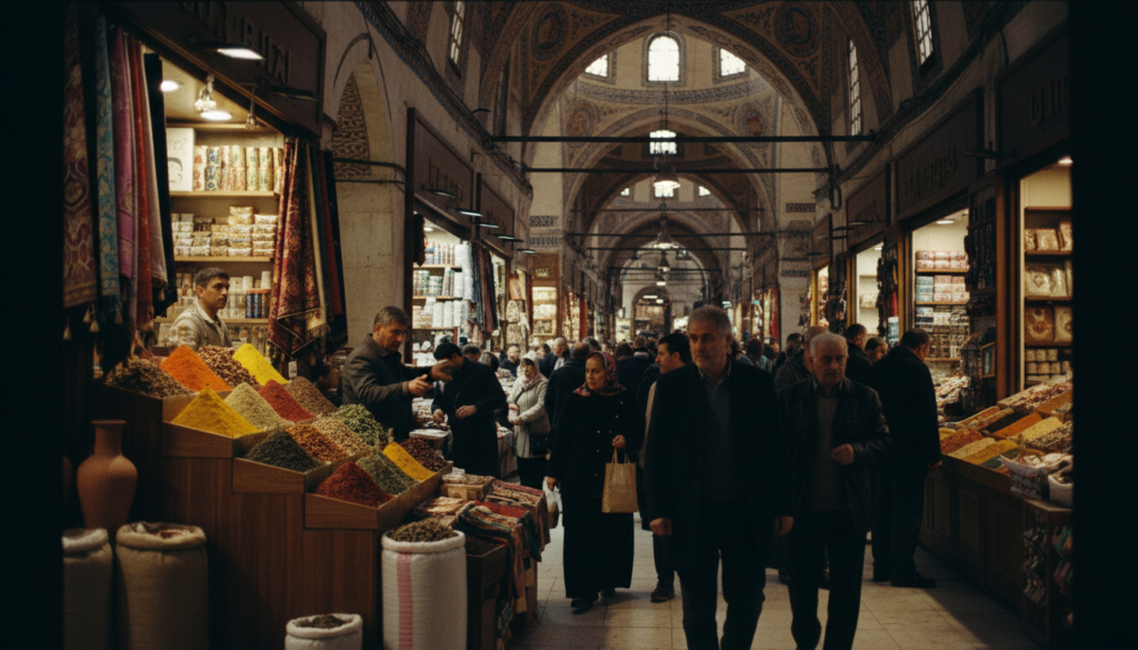 A vibrant scene of the Grand Bazaar in Istanbul, bustling with activity. In the foreground, a colorful assortment of spices and textiles is displayed on wooden stalls, showcasing vivid reds, yellows, and greens. Middle ground features shoppers exploring the narrow, arched pathways, with merchants engaging in conversation, some dressed in traditional and modest clothing. The background reveals ornate ceilings adorned with intricate tile work, capturing the historic charm of the bazaar. Soft, warm lighting filters through the market, casting rich shadows and highlighting the details of various goods. The atmosphere is lively and inviting, evoking a sense of wonder and discovery, all rendered in highly detailed textures at 8k resolution, emulating a raw photograph with cinematic depth. A vibrant scene of the Grand Bazaar in Istanbul, bustling with activity. In the foreground, a colorful assortment of spices and textiles is displayed on wooden stalls, showcasing vivid reds, yellows, and greens. Middle ground features shoppers exploring the narrow, arched pathways, with merchants engaging in conversation, some dressed in traditional and modest clothing. The background reveals ornate ceilings adorned with intricate tile work, capturing the historic charm of the bazaar. Soft, warm lighting filters through the market, casting rich shadows and highlighting the details of various goods. The atmosphere is lively and inviting, evoking a sense of wonder and discovery, all rendered in highly detailed textures at 8k resolution, emulating a raw photograph with cinematic depth.