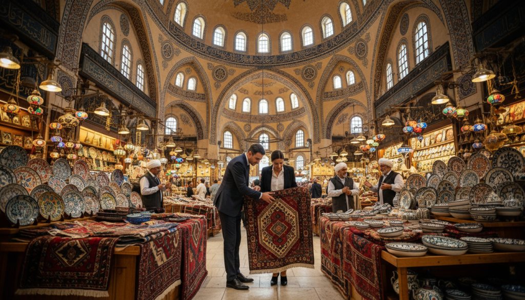 A vibrant scene of the Grand Bazaar in Istanbul, capturing the bustling atmosphere filled with colorful market stalls. In the foreground, an array of intricate rugs and hand-painted ceramics displayed on wooden tables, along with a few enthusiastic shoppers in professional business attire examining the goods. The middle ground showcases merchants engaged in lively conversation, surrounded by hanging lanterns casting warm, inviting glows. In the background, a high vaulted ceiling adorned with ornate arches and traditional Turkish patterns. The lighting is soft yet vivid, creating a sense of warmth and cultural richness. The angle is slightly tilted upward to emphasize the dramatic architecture while immersing the viewer in the energetic ambience of this iconic market experience. A vibrant scene of the Grand Bazaar in Istanbul, capturing the bustling atmosphere filled with colorful market stalls. In the foreground, an array of intricate rugs and hand-painted ceramics displayed on wooden tables, along with a few enthusiastic shoppers in professional business attire examining the goods. The middle ground showcases merchants engaged in lively conversation, surrounded by hanging lanterns casting warm, inviting glows. In the background, a high vaulted ceiling adorned with ornate arches and traditional Turkish patterns. The lighting is soft yet vivid, creating a sense of warmth and cultural richness. The angle is slightly tilted upward to emphasize the dramatic architecture while immersing the viewer in the energetic ambience of this iconic market experience.
