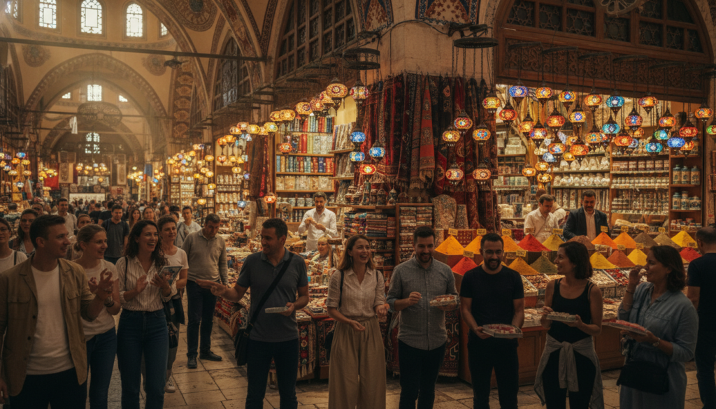 A vibrant scene of the Grand Bazaar in Istanbul, showcasing colorful stalls filled with intricate textiles, handcrafted ceramics, and spices. In the foreground, a diverse group of tourists, dressed in modest casual clothing, engages in lively conversations while examining beautiful souvenirs, like Turkish delight and ornate lamps. The middle ground features bustling shopkeepers enthusiastically displaying their products and inviting visitors. In the background, the grand archways and beautiful architecture of the bazaar, adorned with colorful lanterns, create a warm and inviting atmosphere. Soft, warm lighting filters through the space, enhancing the rich colors and textures of the goods on display. The overall mood is lively and joyful, embodying the enchanting shopping experience of this historic marketplace. A vibrant scene of the Grand Bazaar in Istanbul, showcasing colorful stalls filled with intricate textiles, handcrafted ceramics, and spices. In the foreground, a diverse group of tourists, dressed in modest casual clothing, engages in lively conversations while examining beautiful souvenirs, like Turkish delight and ornate lamps. The middle ground features bustling shopkeepers enthusiastically displaying their products and inviting visitors. In the background, the grand archways and beautiful architecture of the bazaar, adorned with colorful lanterns, create a warm and inviting atmosphere. Soft, warm lighting filters through the space, enhancing the rich colors and textures of the goods on display. The overall mood is lively and joyful, embodying the enchanting shopping experience of this historic marketplace.