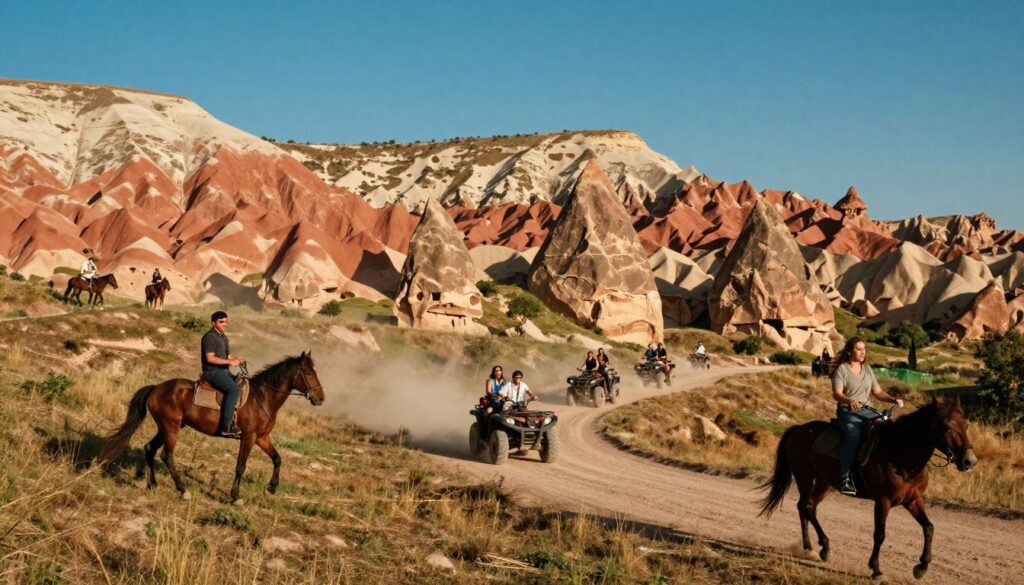 ATV tours and horseback rides in Cappadocia valleys, showcasing vibrant red and green rock formations under a clear blue sky. In the foreground, two riders on horseback dressed in casual outdoor attire are exploring the rugged terrain, adding a sense of adventure. In the middle, a group of friends joyfully riding ATVs is kicking up dust as they navigate winding trails, with the unique fairy chimneys and valleys in the background. The scene is bathed in warm, golden hour lighting, emphasizing the textures of the rocks and the thrill of exploration. Capture the dynamic movement of the ATVs, the serenity of the horses, and the immersive atmosphere of adventure. Shot with a wide-angle lens in 8k resolution to highlight the expansive landscape, creating a vibrant and lively mood. ATV tours and horseback rides in Cappadocia valleys, showcasing vibrant red and green rock formations under a clear blue sky. In the foreground, two riders on horseback dressed in casual outdoor attire are exploring the rugged terrain, adding a sense of adventure. In the middle, a group of friends joyfully riding ATVs is kicking up dust as they navigate winding trails, with the unique fairy chimneys and valleys in the background. The scene is bathed in warm, golden hour lighting, emphasizing the textures of the rocks and the thrill of exploration. Capture the dynamic movement of the ATVs, the serenity of the horses, and the immersive atmosphere of adventure. Shot with a wide-angle lens in 8k resolution to highlight the expansive landscape, creating a vibrant and lively mood.