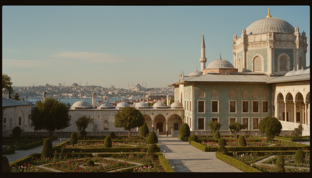 O se vaaiga matagofie o le Falemataʻaga o le Maota o Topkapi, o loʻo faʻaalia ai lona fausaga matagofie o le Ottoman. O le pito i luma o loʻo i ai togālaau ua tausia lelei ma fugālaau matagofie ma pa puipui ua teuteuina. I le ogatotonu o le eleele, o loʻo tu mai ai le fausaga matagofie o le maota, ua teuteuina i galuega faʻapipiʻi ma faʻalava tetele, e pupula i le susulu o le la malū ma mafanafana. O le pito i tua o loʻo faʻaalia ai le lautele o le taulaga o Istanbul i lalo o se lagi lanumoana manino. Puʻeina lenei vaaiga i le faʻaaogaina o se tioata lautele e faʻamamafa ai le matagofie ma faʻamatalaga o le maota. E tatau i le siosiomaga ona faʻaosofia ai le tamaoaiga faʻasolopito ma le tofi faʻaleaganuʻu, faʻatasi ai ma moli tifaga e faʻamamafa ai foliga ma lanu o le fausaga. Ia mautinoa o se foliga matagofie ma faʻafeiloaʻi mo le ata, e atagia ai le matagofie o le siʻosiʻomaga o le falemataʻaga. O se vaaiga matagofie o le Falemataʻaga o le Maota o Topkapi, o loʻo faʻaalia ai lona fausaga matagofie o le Ottoman. O le pito i luma o loʻo i ai togālaau ua tausia lelei ma fugālaau matagofie ma pa puipui ua teuteuina. I le ogatotonu o le eleele, o loʻo tu mai ai le fausaga matagofie o le maota, ua teuteuina i galuega faʻapipiʻi ma faʻalava tetele, e pupula i le susulu o le la malū ma mafanafana. O le pito i tua o loʻo faʻaalia ai le lautele o le taulaga o Istanbul i lalo o se lagi lanumoana manino. Puʻeina lenei vaaiga i le faʻaaogaina o se tioata lautele e faʻamamafa ai le matagofie ma faʻamatalaga o le maota. E tatau i le siosiomaga ona faʻaosofia ai le tamaoaiga faʻasolopito ma le tofi faʻaleaganuʻu, faʻatasi ai ma moli tifaga e faʻamamafa ai foliga ma lanu o le fausaga. Ia mautinoa o se foliga matagofie ma faʻafeiloaʻi mo le ata, e atagia ai le matagofie o le siʻosiʻomaga o le falemataʻaga.
