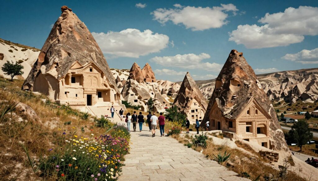An open-air museum in Cappadocia, showcasing ancient rock-cut churches and fascinating fairy chimneys. In the foreground, a weathered stone pathway lined with colorful wildflowers leads toward intricately carved church facades. In the middle ground, groups of tourists explore the historical sites, their clothing reflecting modest casual styles. In the background, the breathtaking Cappadocian landscape features dramatic hills and valleys, under a bright blue sky with scattered fluffy clouds. The scene is bathed in warm, cinematic lighting, emphasizing the textures of the rocks and foliage. The image is captured with an ultra-wide lens to highlight the vastness of the landscape, rendered in stunning 8k resolution, embodying a serene and adventurous atmosphere. An open-air museum in Cappadocia, showcasing ancient rock-cut churches and fascinating fairy chimneys. In the foreground, a weathered stone pathway lined with colorful wildflowers leads toward intricately carved church facades. In the middle ground, groups of tourists explore the historical sites, their clothing reflecting modest casual styles. In the background, the breathtaking Cappadocian landscape features dramatic hills and valleys, under a bright blue sky with scattered fluffy clouds. The scene is bathed in warm, cinematic lighting, emphasizing the textures of the rocks and foliage. The image is captured with an ultra-wide lens to highlight the vastness of the landscape, rendered in stunning 8k resolution, embodying a serene and adventurous atmosphere.