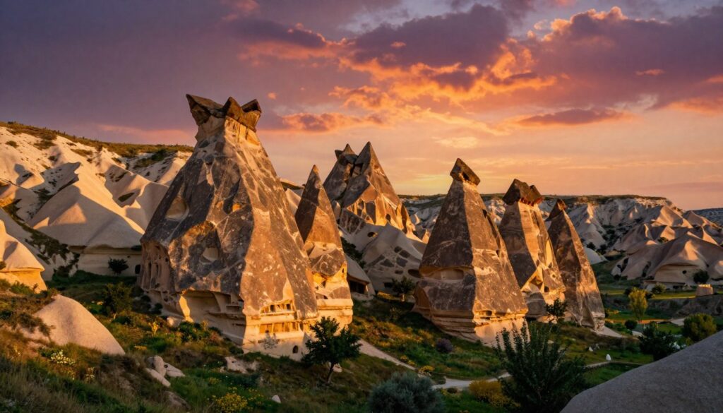 Cappadocia's enchanting landscape featuring iconic fairy chimneys and unique rock formations, bathed in warm golden sunlight. In the foreground, lush green valleys and patches of wildflowers enhance the natural beauty. The middle ground showcases towering fairy chimneys with intricate textures and hues, rising majestically from the earth. The background reveals a dramatic sky at sunset, with vibrant oranges, pinks, and purples blending seamlessly. Capture this scene with a wide-angle lens to emphasize the scale of the formations, using cinematic lighting to create a mystical atmosphere. The overall mood conveys a sense of wonder and history, inviting viewers to explore this captivating region of Cappadocia. The image should be highly detailed, in 8k resolution, with a focus on the intricate geological features and natural beauty of the landscape. Cappadocia's enchanting landscape featuring iconic fairy chimneys and unique rock formations, bathed in warm golden sunlight. In the foreground, lush green valleys and patches of wildflowers enhance the natural beauty. The middle ground showcases towering fairy chimneys with intricate textures and hues, rising majestically from the earth. The background reveals a dramatic sky at sunset, with vibrant oranges, pinks, and purples blending seamlessly. Capture this scene with a wide-angle lens to emphasize the scale of the formations, using cinematic lighting to create a mystical atmosphere. The overall mood conveys a sense of wonder and history, inviting viewers to explore this captivating region of Cappadocia. The image should be highly detailed, in 8k resolution, with a focus on the intricate geological features and natural beauty of the landscape.