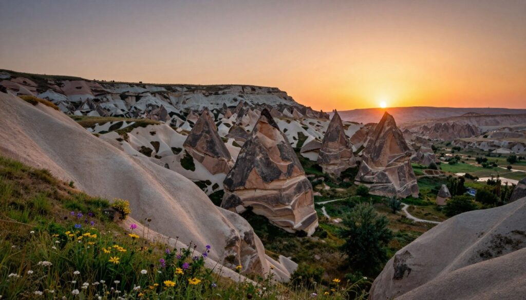 Cappadocia's stunning valleys and iconic rock formations, showcasing fairy chimneys and unique geological structures in a breathtaking landscape. In the foreground, lush greenery and vibrant wildflowers contrast with the weathered stone formations. The middle ground features dramatic rock spires and soft, sandy hills rolling towards the horizon. In the background, a vibrant sunset bathes the scene in warm, cinematic lighting, casting long shadows and highlighting the intricate textures of the rocks. Capture this awe-inspiring natural beauty in 8k resolution, emphasizing the ethereal atmosphere and tranquility of Cappadocia's unique scenery, using a wide-angle lens to enhance depth and perspective. Cappadocia's stunning valleys and iconic rock formations, showcasing fairy chimneys and unique geological structures in a breathtaking landscape. In the foreground, lush greenery and vibrant wildflowers contrast with the weathered stone formations. The middle ground features dramatic rock spires and soft, sandy hills rolling towards the horizon. In the background, a vibrant sunset bathes the scene in warm, cinematic lighting, casting long shadows and highlighting the intricate textures of the rocks. Capture this awe-inspiring natural beauty in 8k resolution, emphasizing the ethereal atmosphere and tranquility of Cappadocia's unique scenery, using a wide-angle lens to enhance depth and perspective.