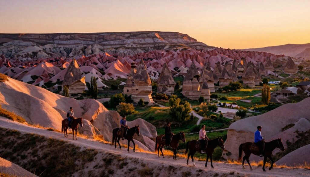 Scenic valleys of Cappadocia at sunset, featuring rolling hills and uniquely shaped rock formations in rich hues of orange, pink, and purple. In the foreground, silhouettes of majestic horses and riders dressed in modest, casual clothing gracefully navigate the valley trails. The middle ground showcases lush green vegetation contrasting with the rocky terrain, adding depth and texture. The background highlights the iconic fairy chimneys bathed in the warm glow of the setting sun, casting long shadows across the landscape. Capture the image with a wide-angle lens to emphasize the vastness of the valleys, enhanced by cinematic lighting for an inviting and tranquil atmosphere, presented in highly detailed 8k resolution for a stunning visual experience. Scenic valleys of Cappadocia at sunset, featuring rolling hills and uniquely shaped rock formations in rich hues of orange, pink, and purple. In the foreground, silhouettes of majestic horses and riders dressed in modest, casual clothing gracefully navigate the valley trails. The middle ground showcases lush green vegetation contrasting with the rocky terrain, adding depth and texture. The background highlights the iconic fairy chimneys bathed in the warm glow of the setting sun, casting long shadows across the landscape. Capture the image with a wide-angle lens to emphasize the vastness of the valleys, enhanced by cinematic lighting for an inviting and tranquil atmosphere, presented in highly detailed 8k resolution for a stunning visual experience.