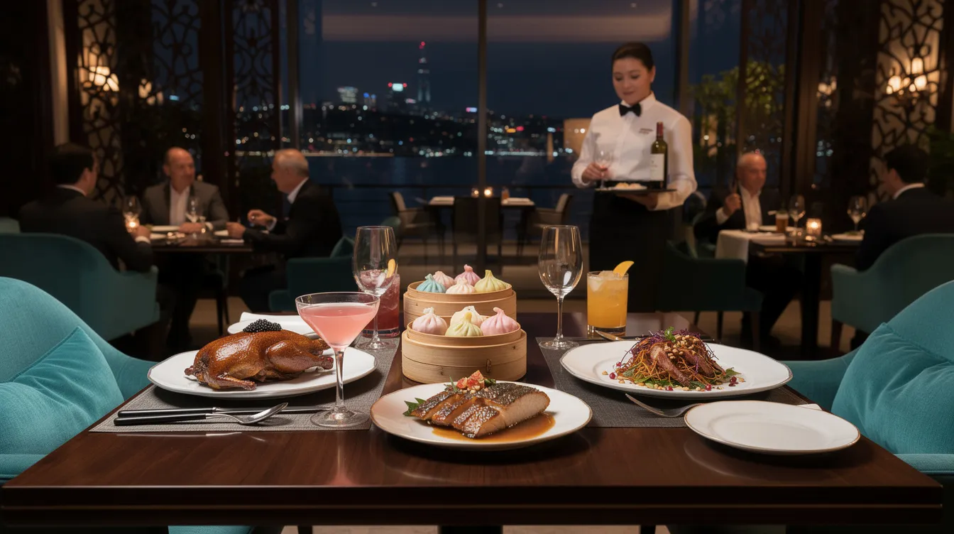 De beste kinesiske restaurantene i Istanbul: En kulinarisk reise gjennom byens asiatiske smaker Bildet viser det luksuriøse interiøret til Hakkasan Istanbul, en førsteklasses kinesisk restaurant som ligger langs Bosporos. Med sine elegante turkise aksenter, dempet belysning og intrikate treskjermer kombinerer atmosfæren moderne luksus med tradisjonell kinesisk innredning, noe som skaper en eksepsjonell matopplevelse for gjester som nyter autentisk kantonesisk mat som pekingand og et herlig utvalg av dim sum.