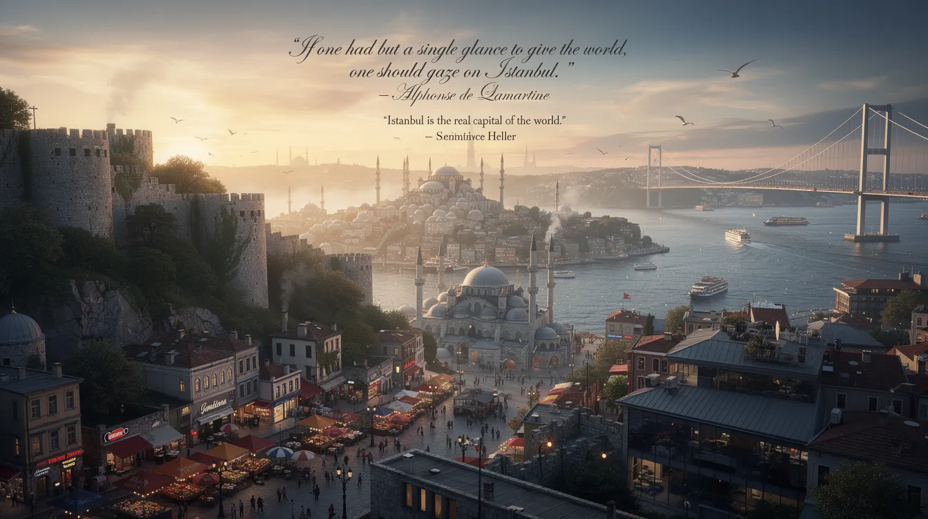 Anozivikanwa MaQuotes Nezve Istanbul: Guta Rekufemerwa Nokusingaperi The image captures the stunning skyline of Istanbul, showcasing its iconic domes and spires, including the majestic Hagia Sophia and the Blue Mosque, which symbolize the city's rich history and cultural significance as a unique intersection of East and West. The vibrant life of the city is reflected in the bustling streets, where street vendors and cafes create an inviting atmosphere, embodying the magic that has captivated poets and dreamers for centuries.