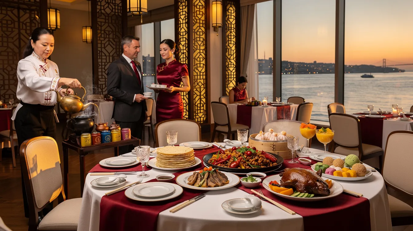 De beste kinesiske restaurantene i Istanbul: En kulinarisk reise gjennom byens asiatiske smaker Bildet viser det elegante interiøret i Shang Palace, en prestisjefylt kantonesisk restaurant som ligger på Shangri-La Hotel i Istanbul. Den sofistikerte atmosfæren med delikate gitterpaneler, gulldetaljer og rolig belysning skaper en luksuriøs matopplevelse som fremhever tradisjonell kinesisk mat, inkludert signaturretter som pekingand og et herlig utvalg av dim sum.